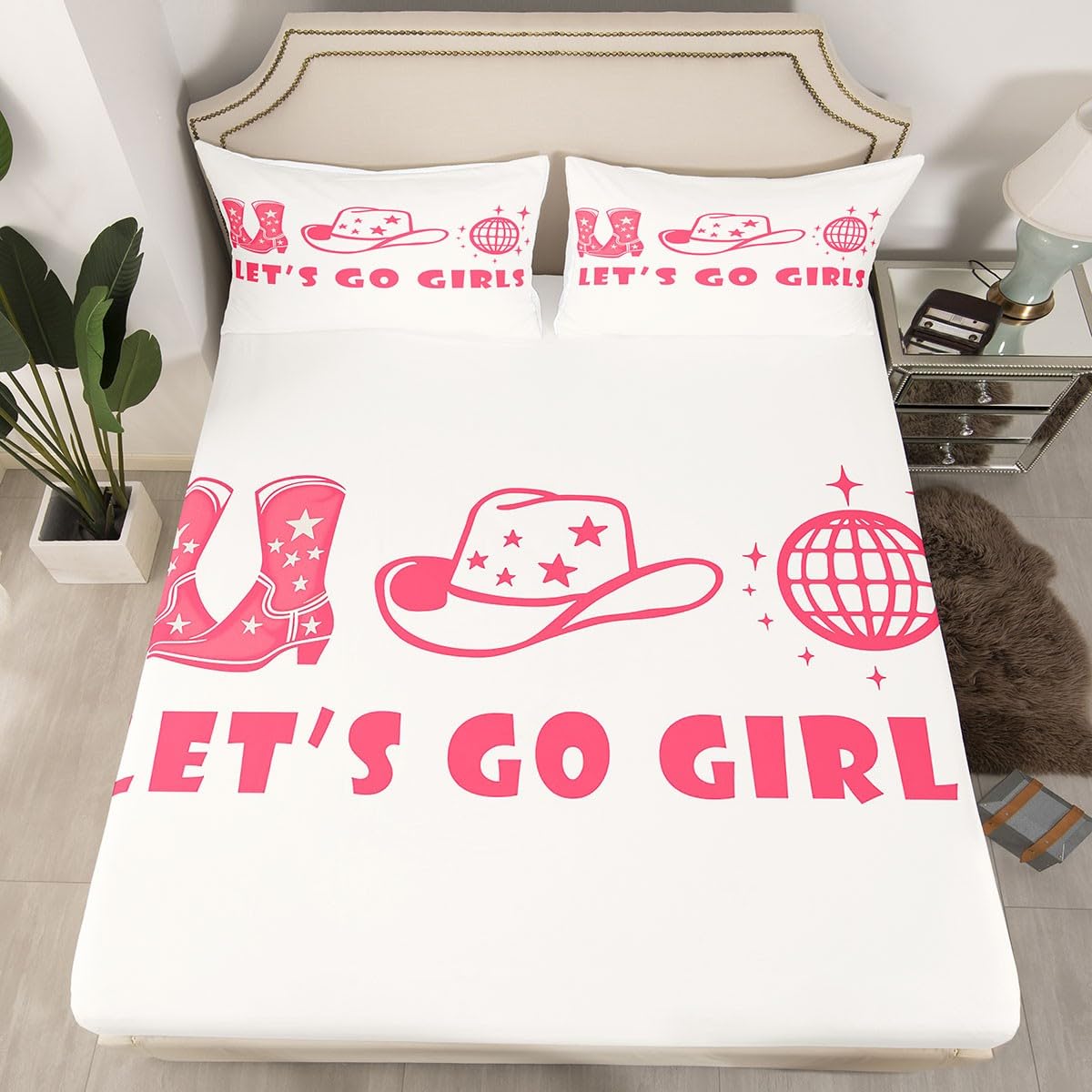 Cowgirl Western Fitted Sheet Queen Size Cowboy Hat Boot Bedding Set Pink and White Sheet Set,Disco Party Bed Cover Ultra Soft Breathable Bedding 3 Pcs for Kids Teens Boys