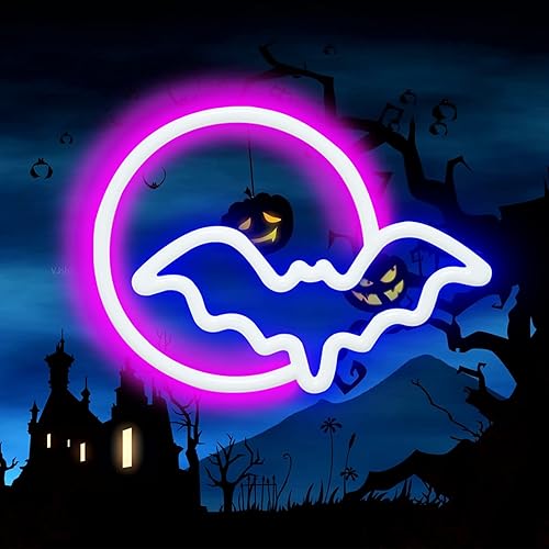Miniatura 5 de SEMETOR Letreros de neón, luces de neón LED de luna y murciélago, letrero de luz de neón para pared, USB, funciona con pilas, para decoración de