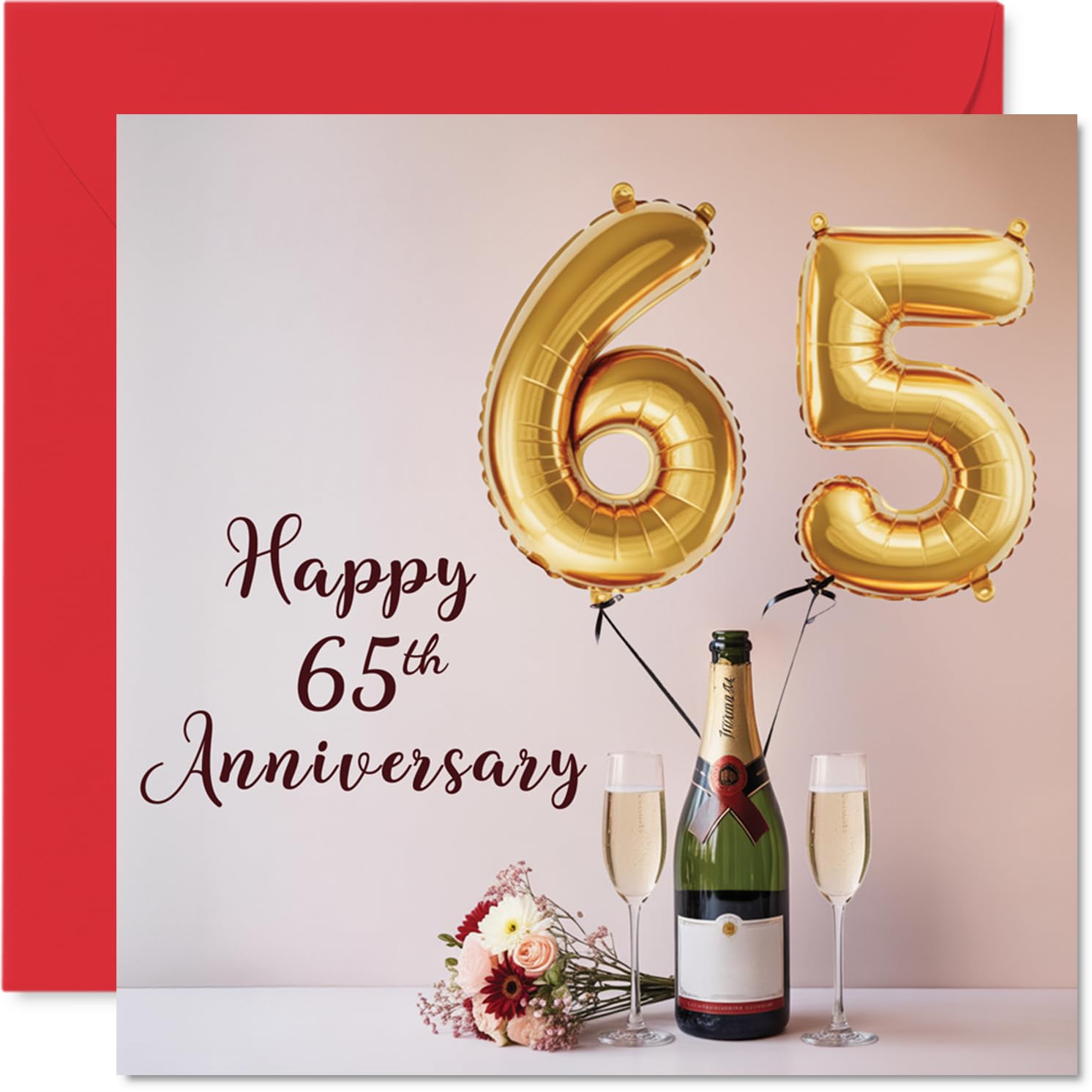 65th Anniversary Card for Women Men - Balloons & Bottle of Bubbly - Happy 65 Year Anniversary Card for Wife Partner Husband Companion, 145mm Wedding Anniversaries Greeting Cards