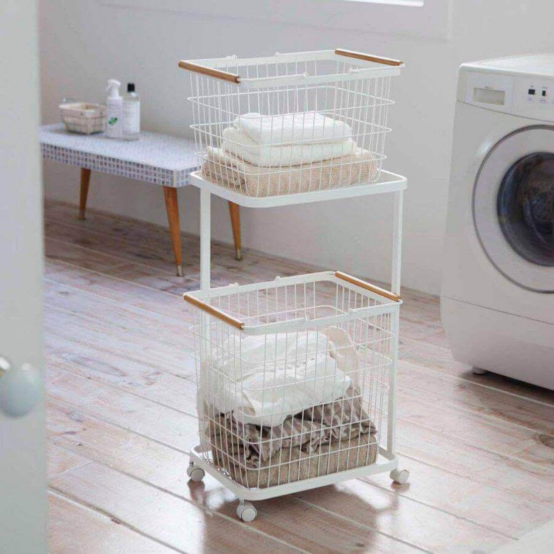 HOLMZCED 2 Tiers Rolling Laundry Basket with Wood Handles, Mobile Laundry Cart with Removable Basket Floor Laundry Hampers With Wheels White for Laundry Room Bathroom Bedroom