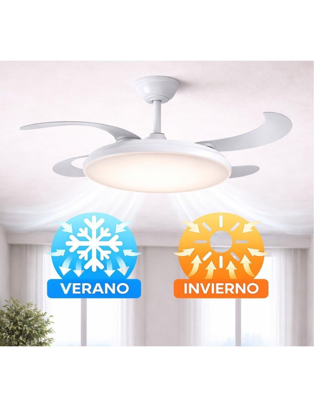 JARDIN202 - Ventilador de Techo Wifi Alexa/Google Home con Aspas Retráctiles, Motor DC, Temporizador, Luz LED Regulable, Mando a Distancia | 50 cm (Zahara Wifi Blanco)