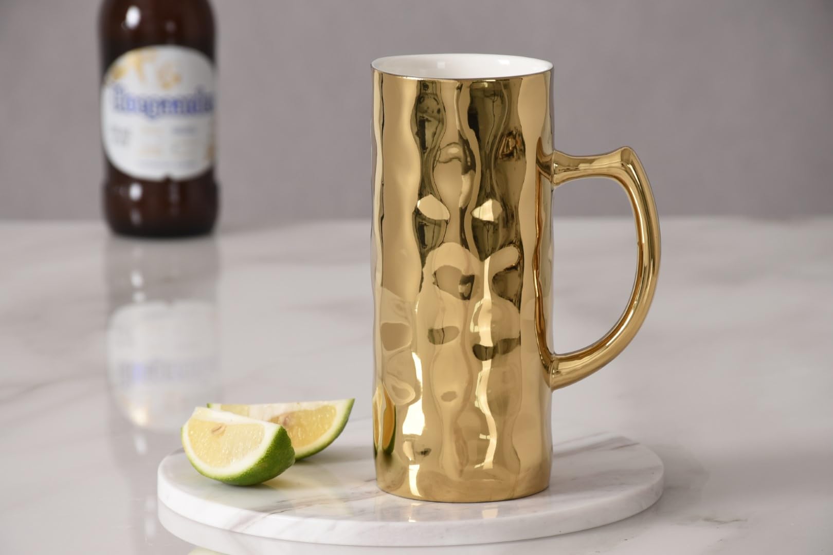 Pampa Bay Porcelain Beer Mug, 16 oz., Gold Finished Metallic Exterior, Oven and Dishwasher Safe