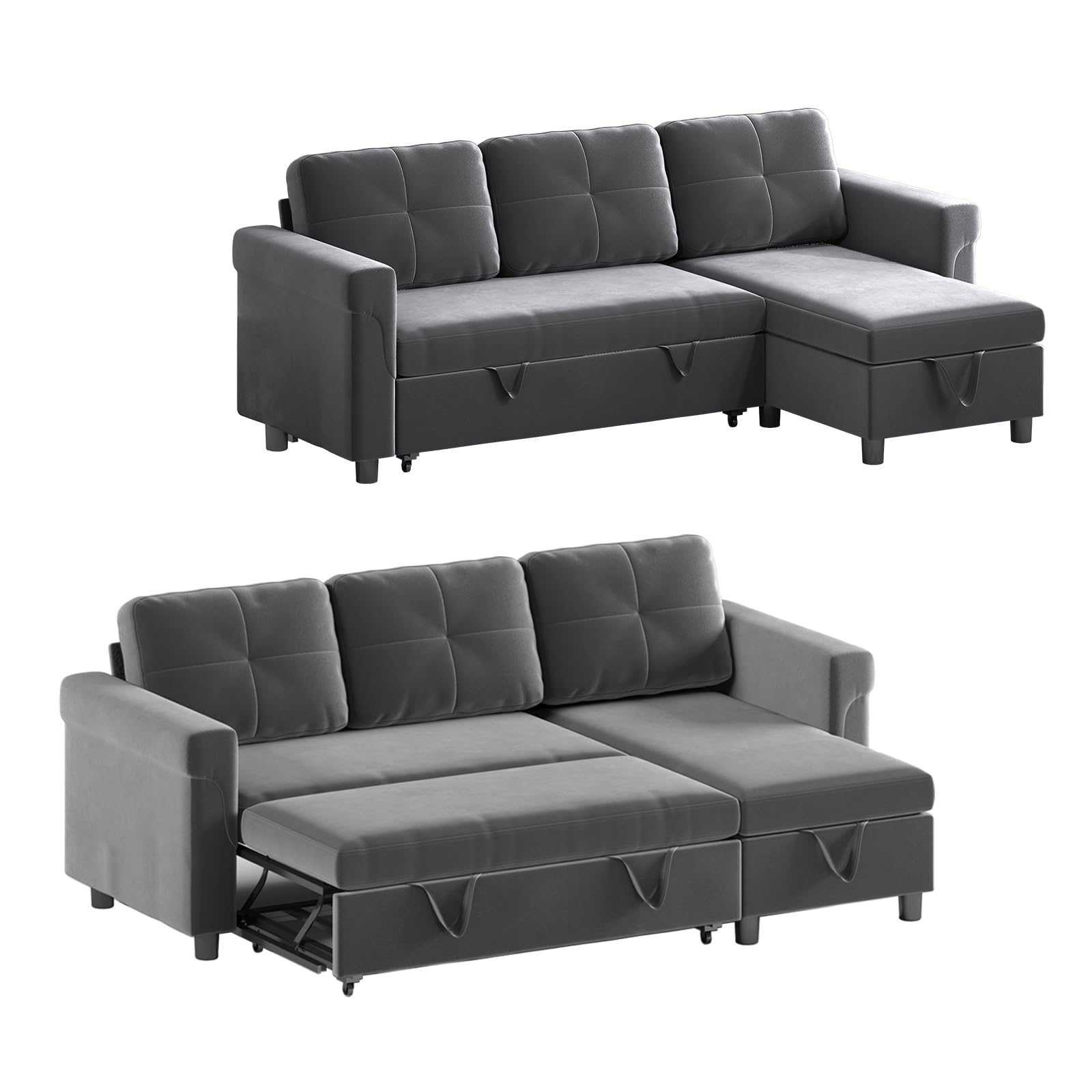 MUZZ Sectional Sofa with Pull Out Bed, Pull Out Sofa Bed with Storage, L-Shaped Sleeper Sofa with Chaise, Pull Out Sectional Sofa Couch, Ideal for Living Room, Apartment and Office (Dark Grey)