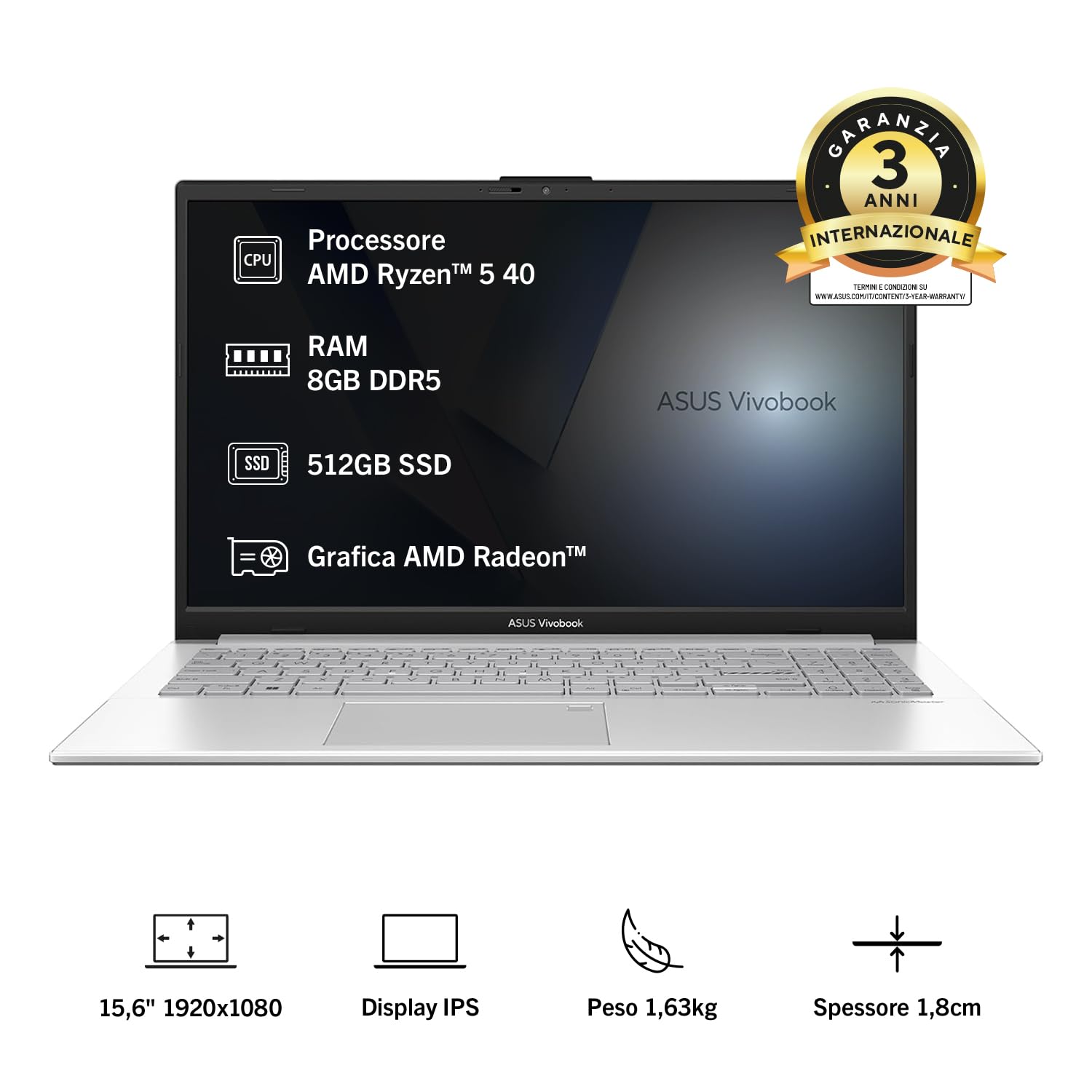 ASUS Vivobook Go 15 E1504FA#B0GN39K89H, Notebook con display 15.6" IPS, Anti-glare,60Hz, AMD Ryzen 5 40 Processor, RAM 8GB, 512GB SSD, WIN11 Home, Argento