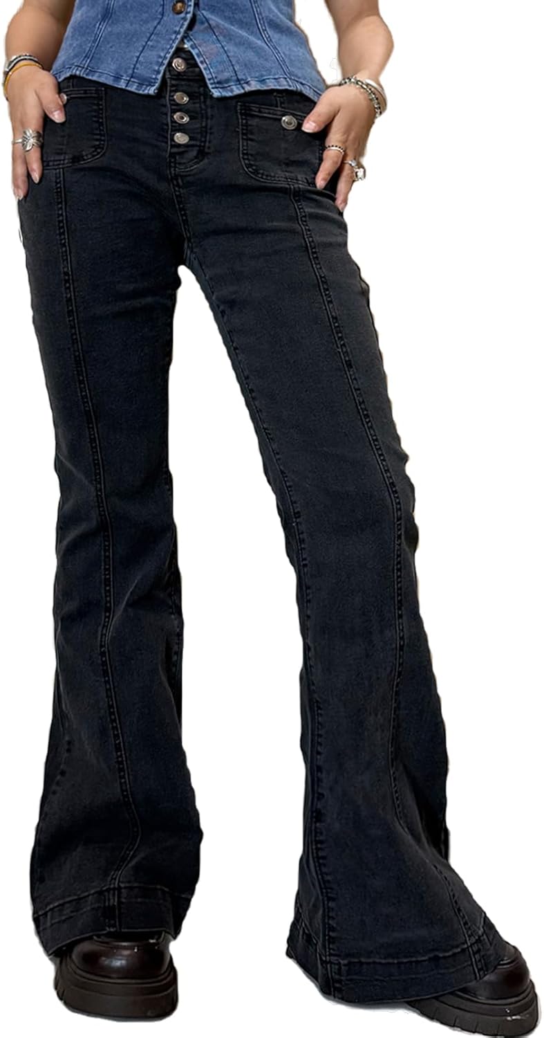 HOXIJIA Women Y2K Low Rise Flare Jeans Wide Leg Stretch Denim Pants 2000s Retro Bell Bottom Streetwear Trousers - Image 3