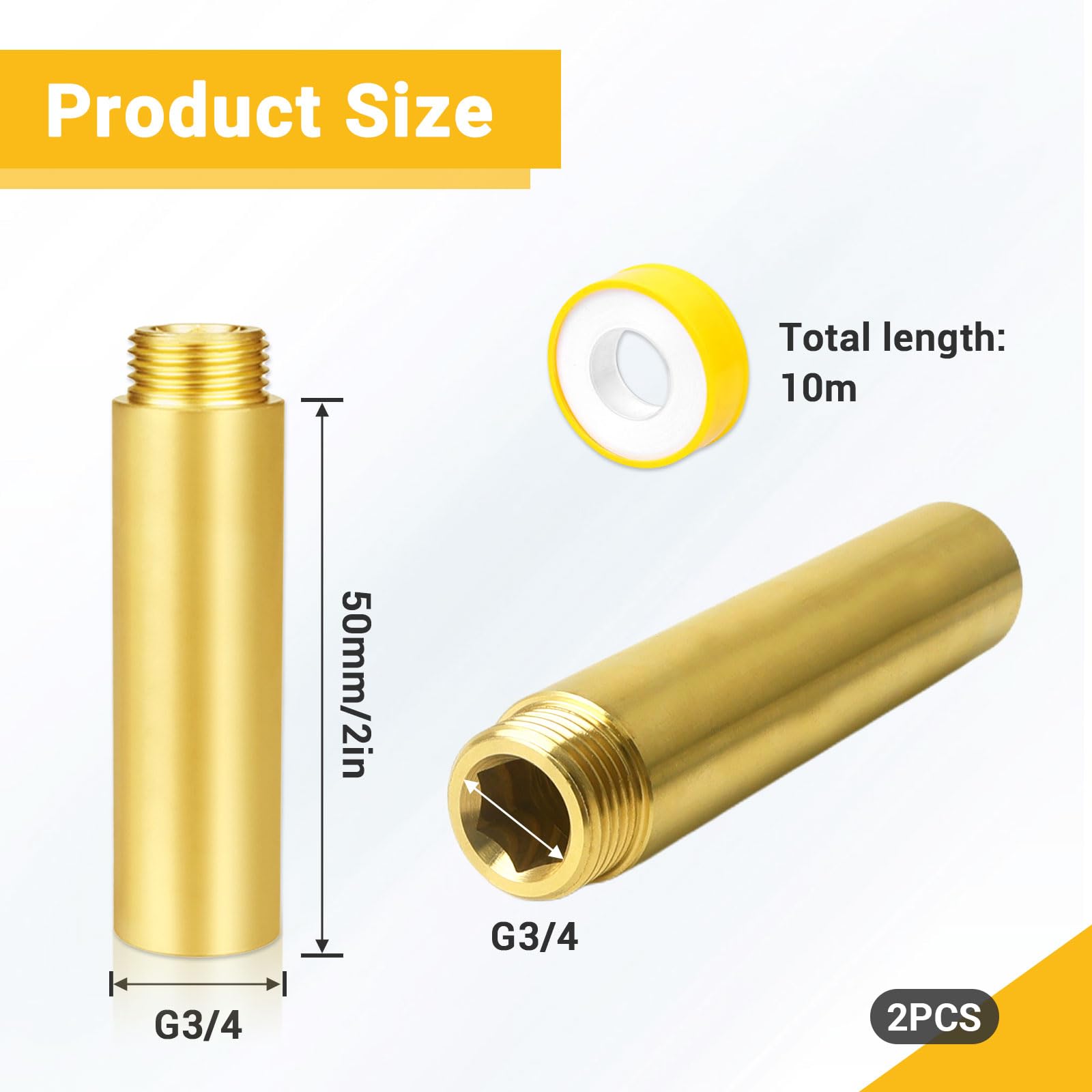 2 Pièces Rallonge de Robinet G3/4" x 50 mm, G3/4"(3/4" IG x 3/4" AG) Laiton Rallonge de Robinet, Laiton Rallonge Filetée, Rallonge de Robinet Fitting pour l'Installation de Chauffage et d'Eau Potable