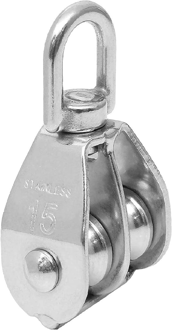 Double M 15 Pulley , Swivel 304 Stainless Steel Heavy Duty Rigging Lifting Wheel Fixed Wire Rope, 15 mm Double Pulley Block for Loading Capacity 35 kg - 1Pcs