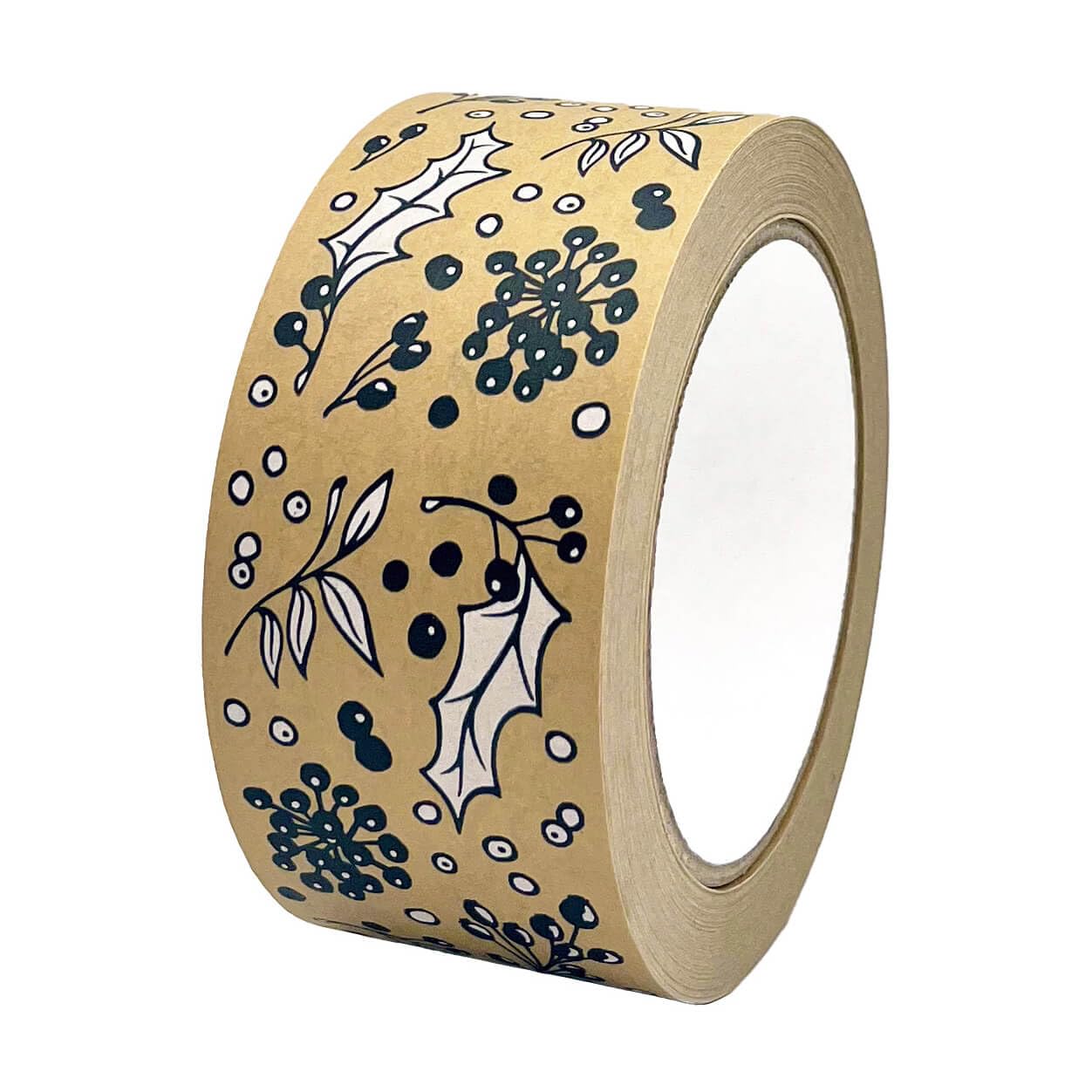 INKKIN Christmas Winter Berries and Festive Holly Pattern Paper Packing Tape (50mm), White, 50mm x 50m
