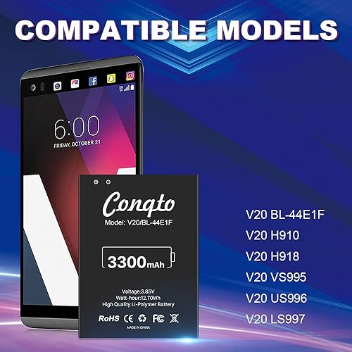 Miniatura 5 de SHENMZ 3300 mAh Batería LG V20, (nueva versión 2024) Conqto nueva actualización de 0 ciclos duradera batería extendida repuesto para LG V20 BL-44E1F