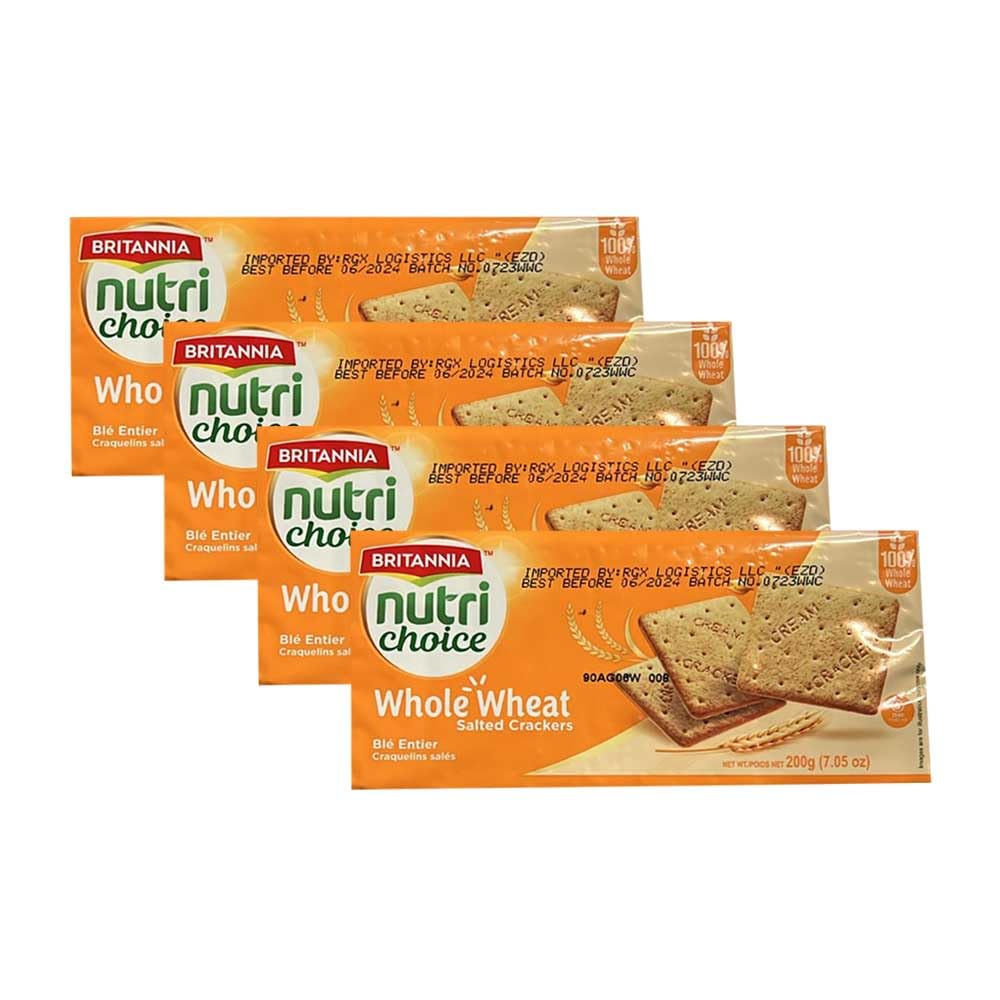 Britannia Nutri Choice Whole Wheat Salted Crackers 7.05oz (200g) - Healthy Breakfast & Tea Time Snacks (Pack of 4)