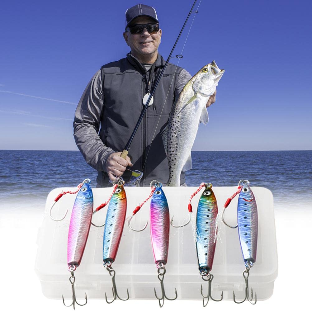 Fishing jig, 5Pcs 30g/40g Glow Pitch Jigs, Double Assist Hook Fishing Jig Saltwater Jigging Leurres pour Thon, Dogtooth Thon, Yellowtail, Kingfish, Bluefin