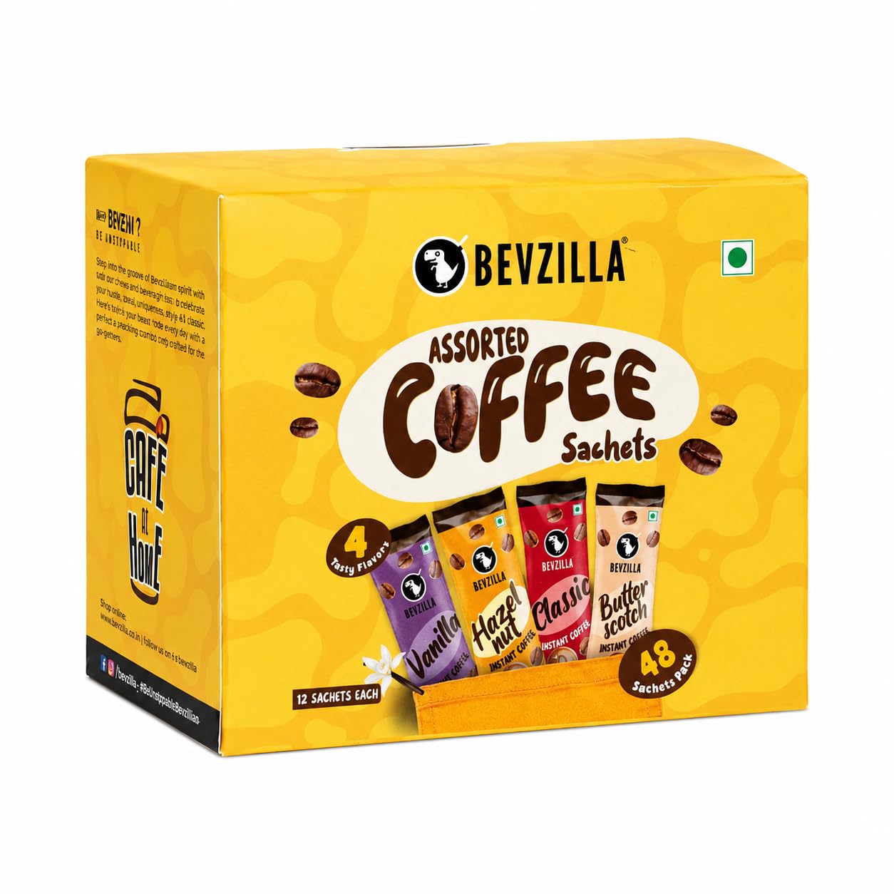 Bevzilla Instant Coffee Powder - 48 Sachets | Turkish Hazelnut, Colombian Gold, French Vanilla & English Butterscotch | 12 Sachets Each Flavour| Hot & Cold Coffee| Makes 48 Cups| 100 % Arabica Coffee| Strong Coffee| Easy To Carry| Best Coffee| Espresso, Latte, Cappuccino