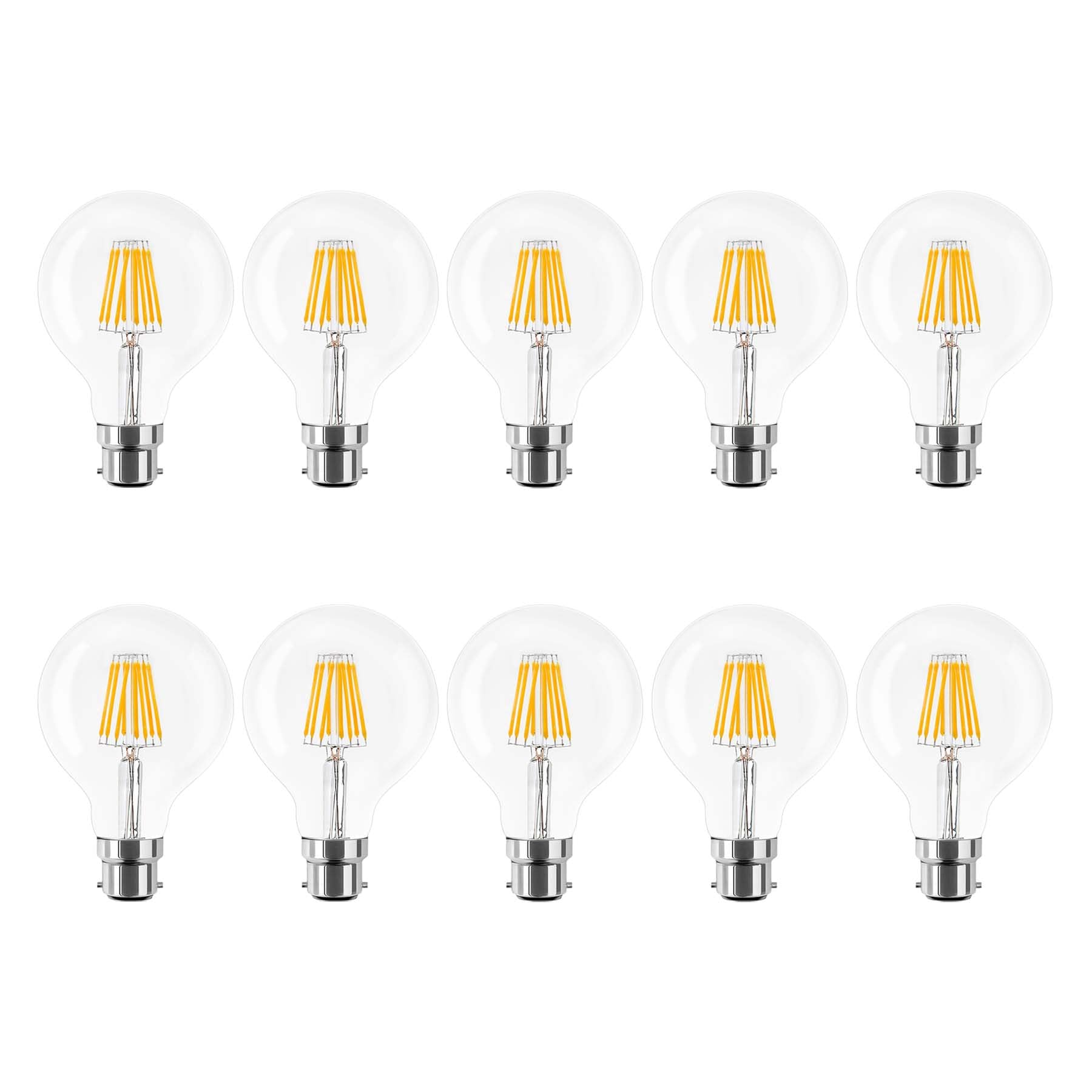 G.W.Sยฎ LED Filament Bulb, G80 B22 Bayonet, LED Globe Bulb, 8W Dimmable Warm White 2700K, Clear Glass, Pack of 10
