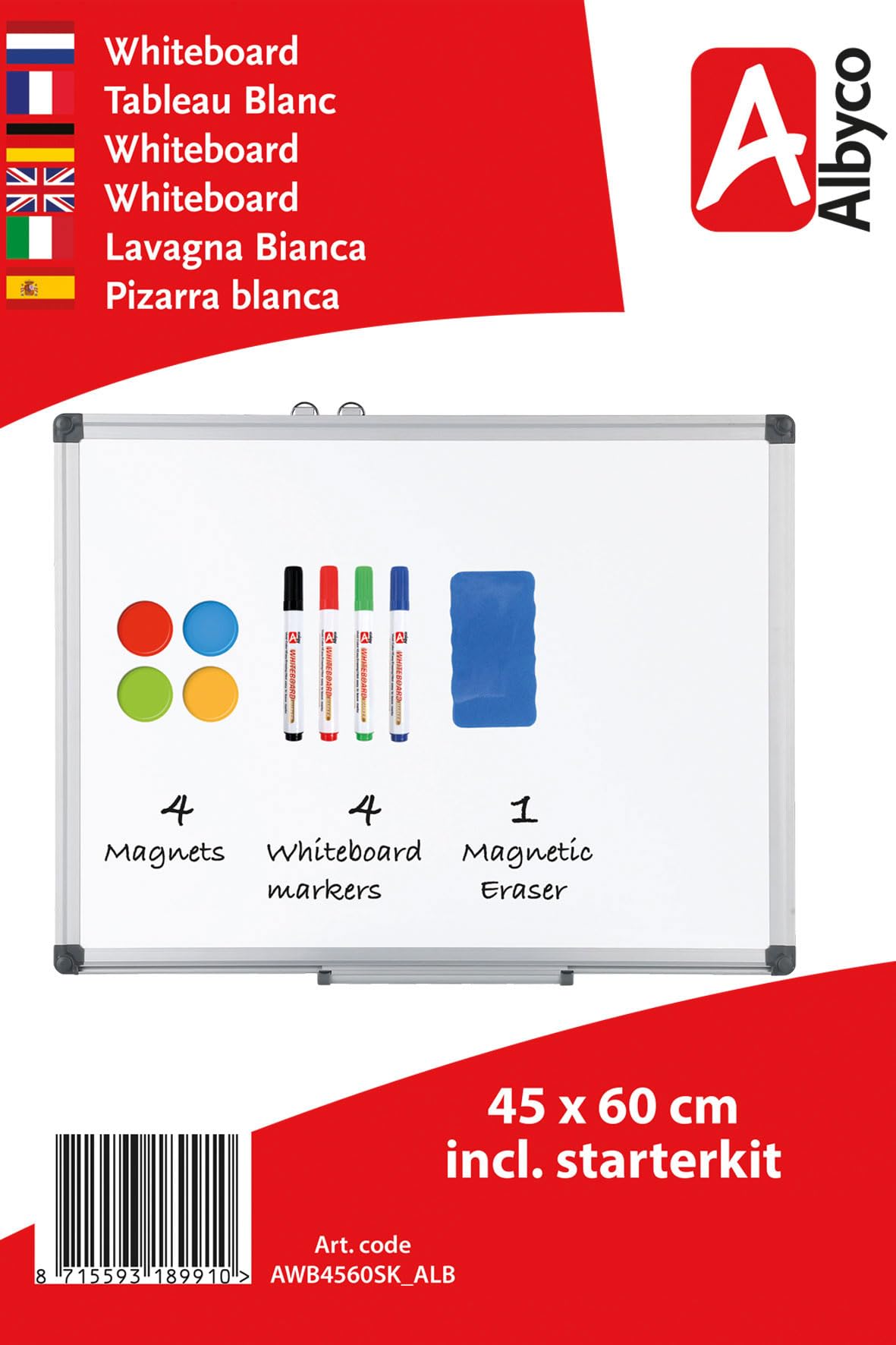 Pizarra blanca Albyco de 45 x 60 cm- incluye kit de inicio - rotuladores, imanes y borrador. Borrable en seco.