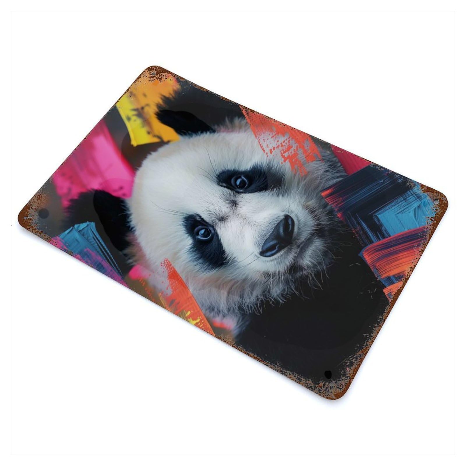 Retro Metal Sign with Panda in Paint Strokes Design 11.8"x7.9", for Living Room, Hallway And Home Decor, Farmhouse Wall Decor