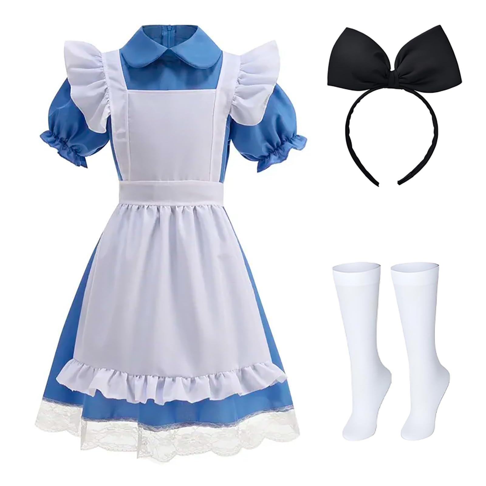 Yuiui 4pcs Girl Blue Dress White Apron Halloween Cosplay Costume With Bow Hair Band Stockings Set for Birthday Dress Up