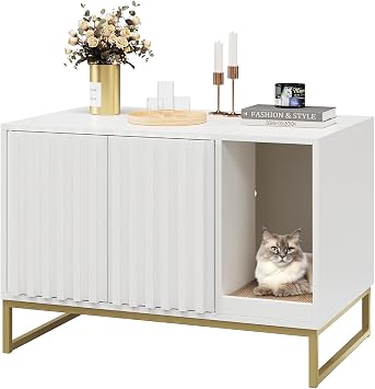 FiveWillowise Litter Box Enclosure, Modern Fluted Hidden Litter Box Furniture,Cat Litter Box Enclosure with Scratching Mat,Cat House Side End Table,White