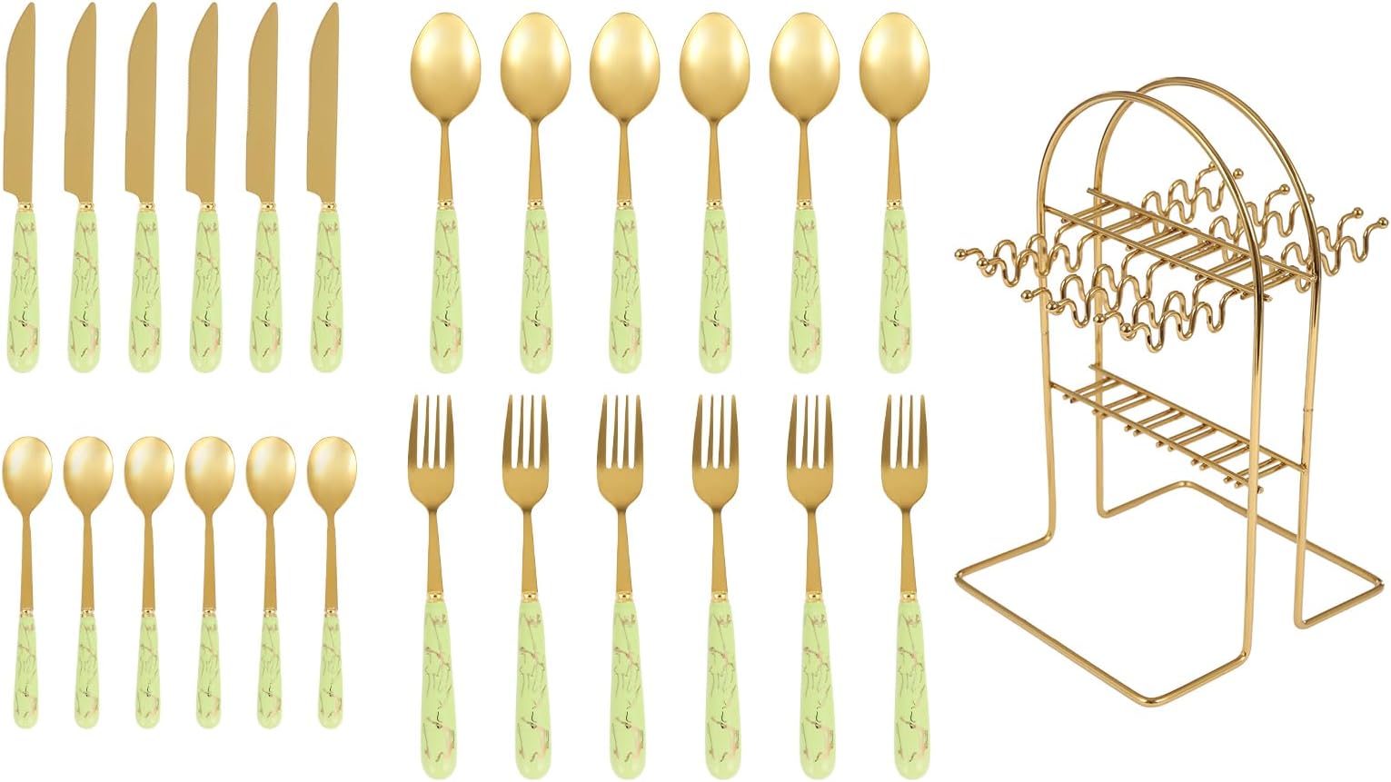 24pcs Mixed Cutlery Set, Knife Fork Spoon Hanging Flatware-Set with Stand, Stainless Steel Tableware Set for Restaurants and Parties, Gold+Green
