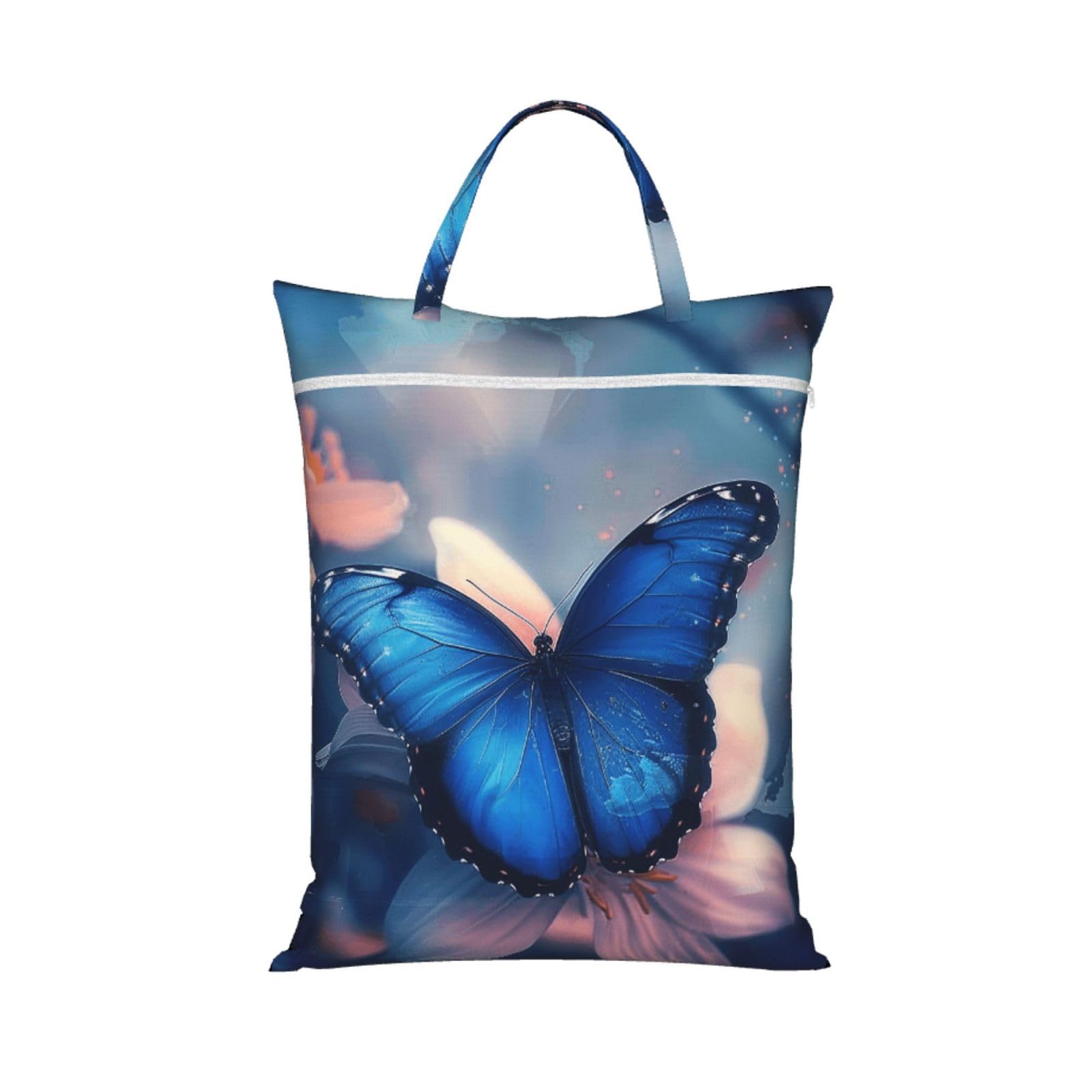Large Travel Laundry Bags,Blue Butterfly Print with Handle Foldable Laundry Bag for Holidays Gym Swimming and Family Trips, 1Pcs