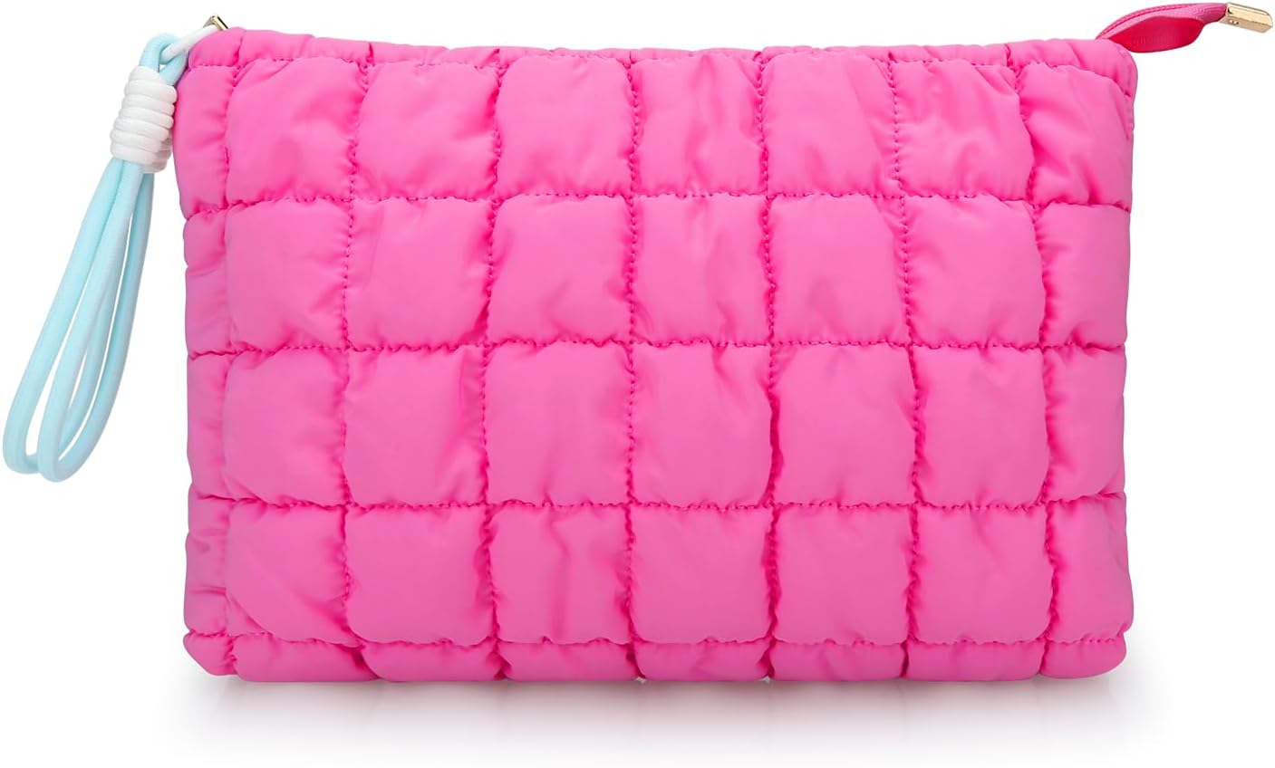 DOB SECHS Puffer Quilted Makeup Bag with Handle, Cute Puffy Cotton Cosmetic Bags for Women, Checkered Toiletry Zipper Pouch, Travel Essentials Storage Organizer Clutch Pouches Pencil Case, Hot Pink
