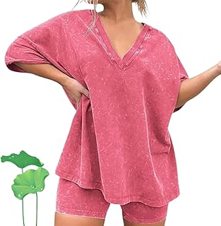 Conjunto de 2 piezas de camiseta retro de manga corta con cuello en V y pantalones cortos de motociclista para mujer, color rosa