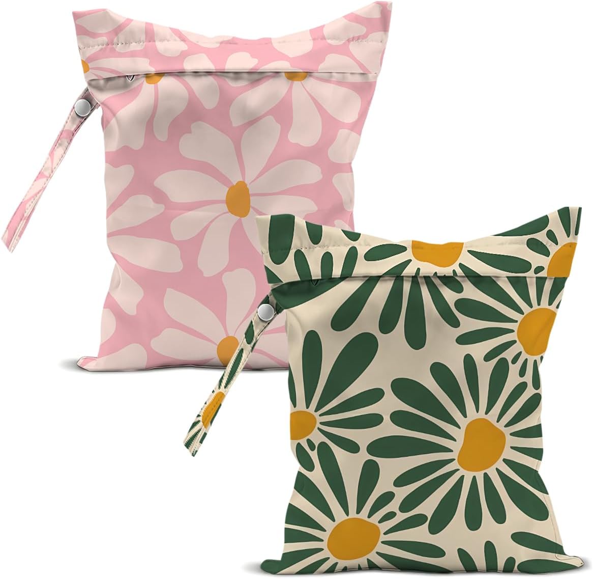 2 Pcs Cute Daisy Floral Wet Bags, Pink Flower Wet Dry Bag Reusable Zipper Pouch for Swimsuit, Diapers, Pool, Beach, Travel, Dirty Yoga Gym Clothes, Toiletries, Waterproof Birthday Beach Gifts