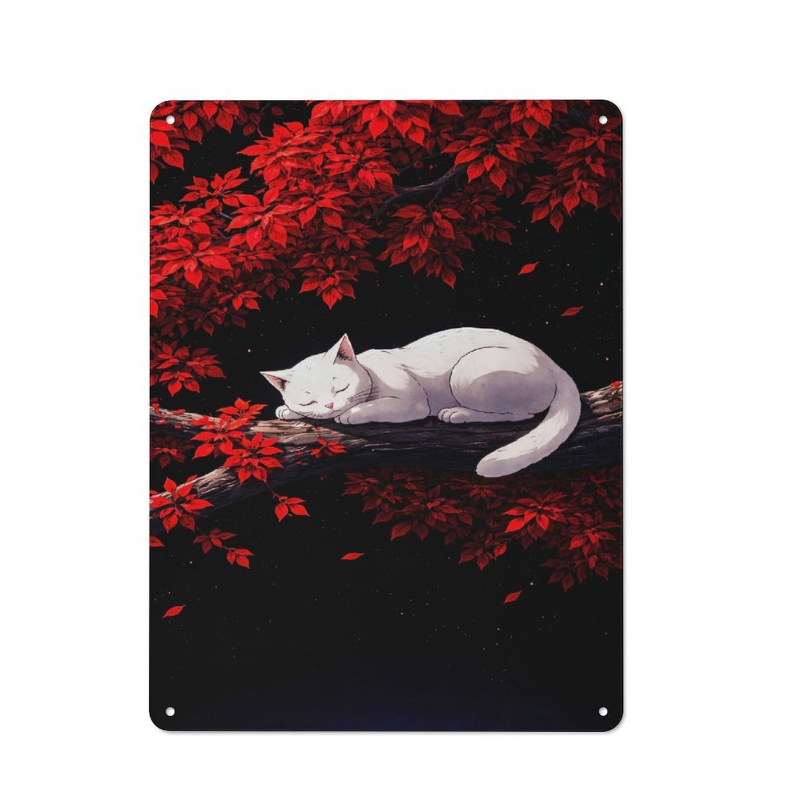 Junmoney Style-3 Cosy White Cat Sleeping On A Branch Metal Plaque 40X30cm, Kitchen Wall Decor For Kitchen, Cafe, Pantry Or Dining Room