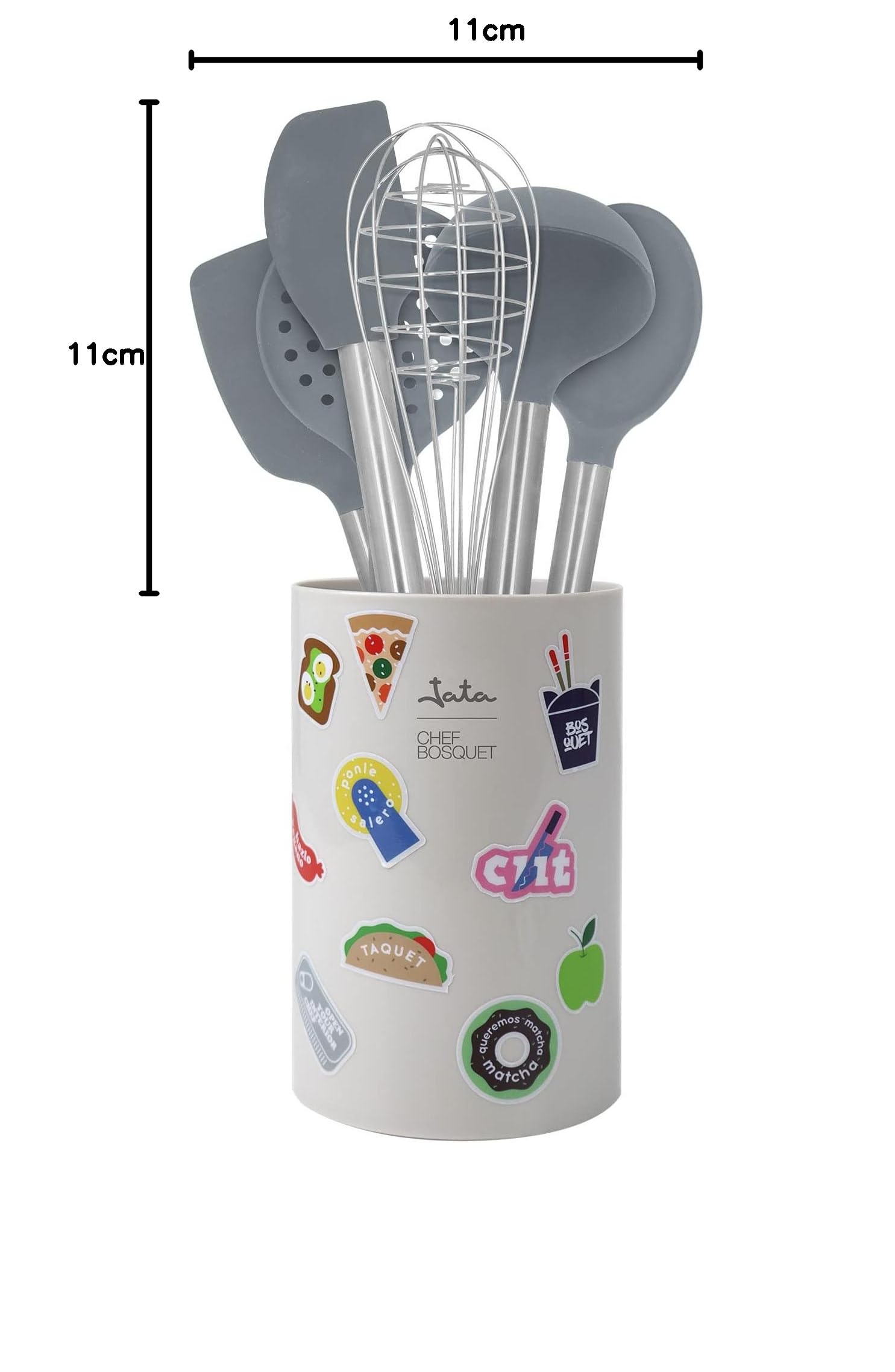 JATA HOGAR HACC5460 Utensili da Cucina in Silicone e Acciaio Inox con Supporto per Conservare 6 Utensili: Frusta, Lingua, Cucchiaio, Pala, Casseruola e Schiuma, Antiaderenti, Senza BPA.