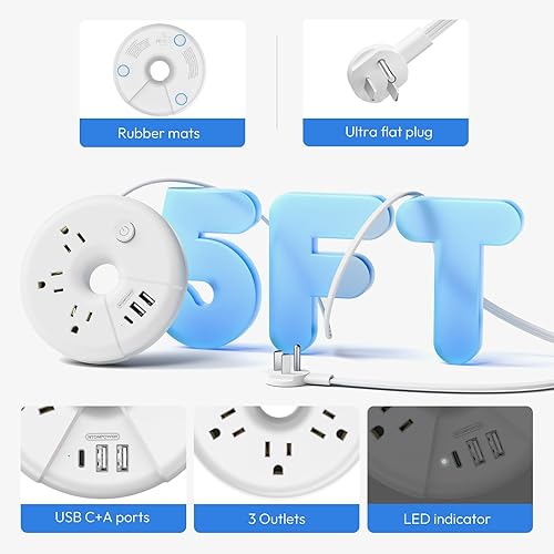 Miniatura 10 de NTONPOWER i-Donut - Regleta de alimentación de viaje con 3 puertos USB (1 USB C), 3 tomas, cable de extensión de enchufe plano de 1 pie para