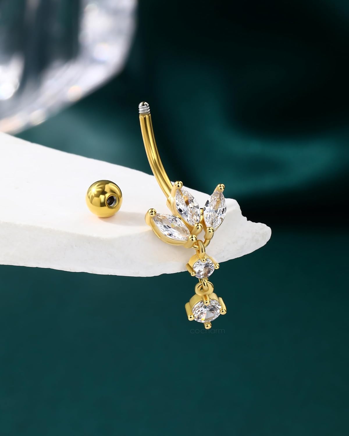 COCHARM Dangle Lotus Belly Button Rings 14G Dangly Belly Navel Rings for Women Stainless Steel Navel Piercing Jewelry - Image 5