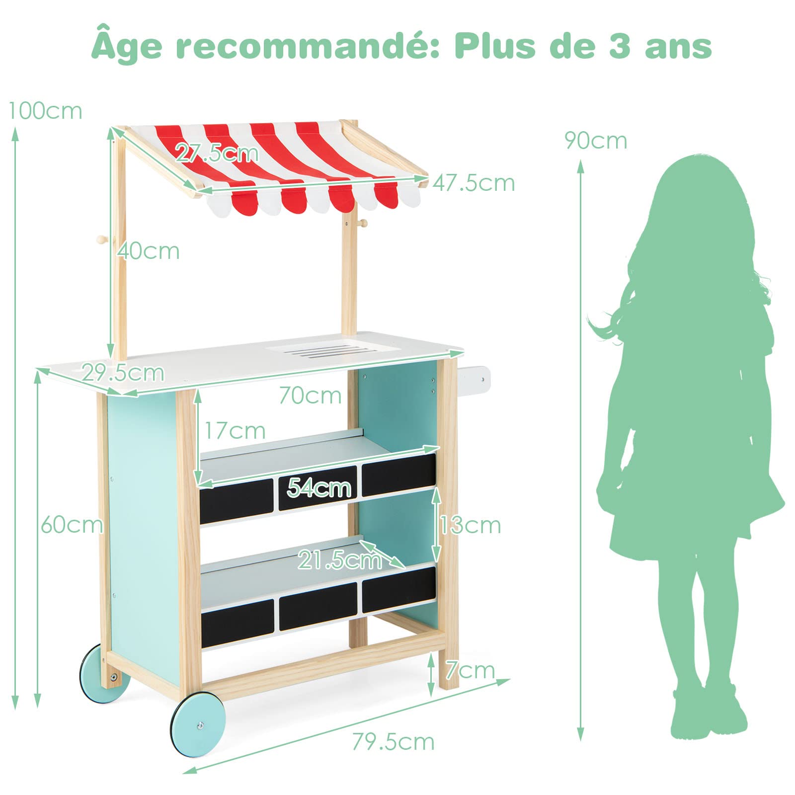 DREAMADE Chariot de Crème Glacée Enfants avec 6 Jouets à Cône,Stand de Marchand Enfants en Bois avec Etagère et Tableau Noir,Coloré - Jeux - Jouets