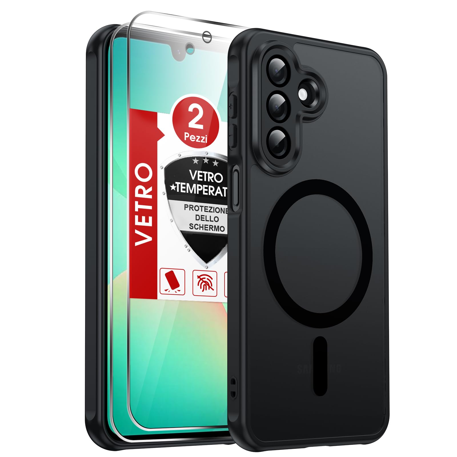 LeYi Cover Magnetica per Samsung Galaxy A27 5G con Vetro Temperato(Nero) | Custodia per Samsung A 27 Traslucida Opaca Anti-Impronte Resistente Antigraffi TPU Bumper Antiurto Protettiva Case