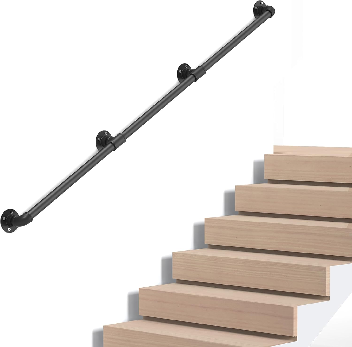 Industrial Pipe Stair Handrail, Wall-Mounted Metal Hand Rail for Indoor & Outdoor Steps, Black Galvanized Iron, Vintage Farmhouse Style, Heavy Duty Support for Stairs & Porch (Black, 12ft) 12 Feet Black