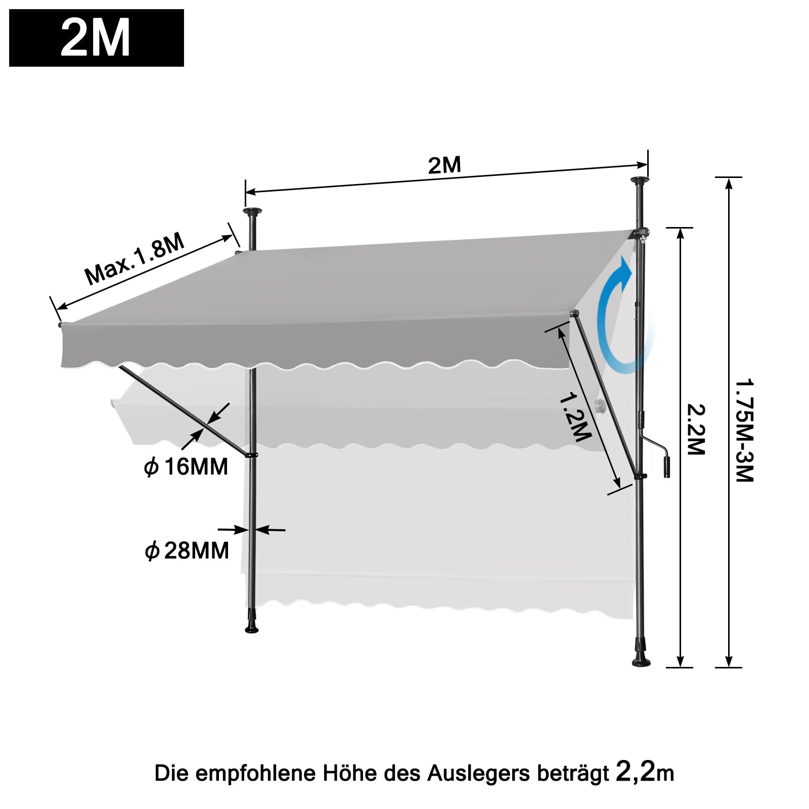 Tenda da sole con manovella, tenda da sole per balcone senza foratura, regolabile in altezza, impermeabile, resistente ai raggi UV (200 x 120 cm, grigio)