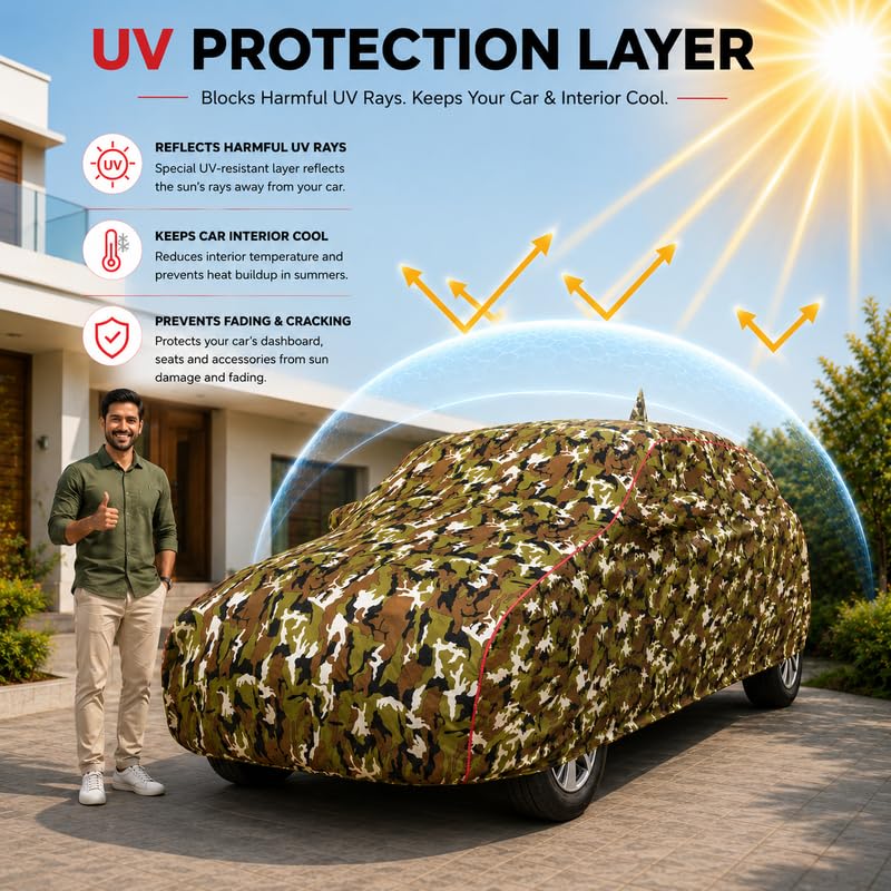 Image of Compatible with XUV 3XO EV Models 100% Waterproof Car Cover for All Weather Protection Mirror & Inner Cotton Triple Stitched Cover, Adjustable Belt Bottom Elastic (Jungle Print)