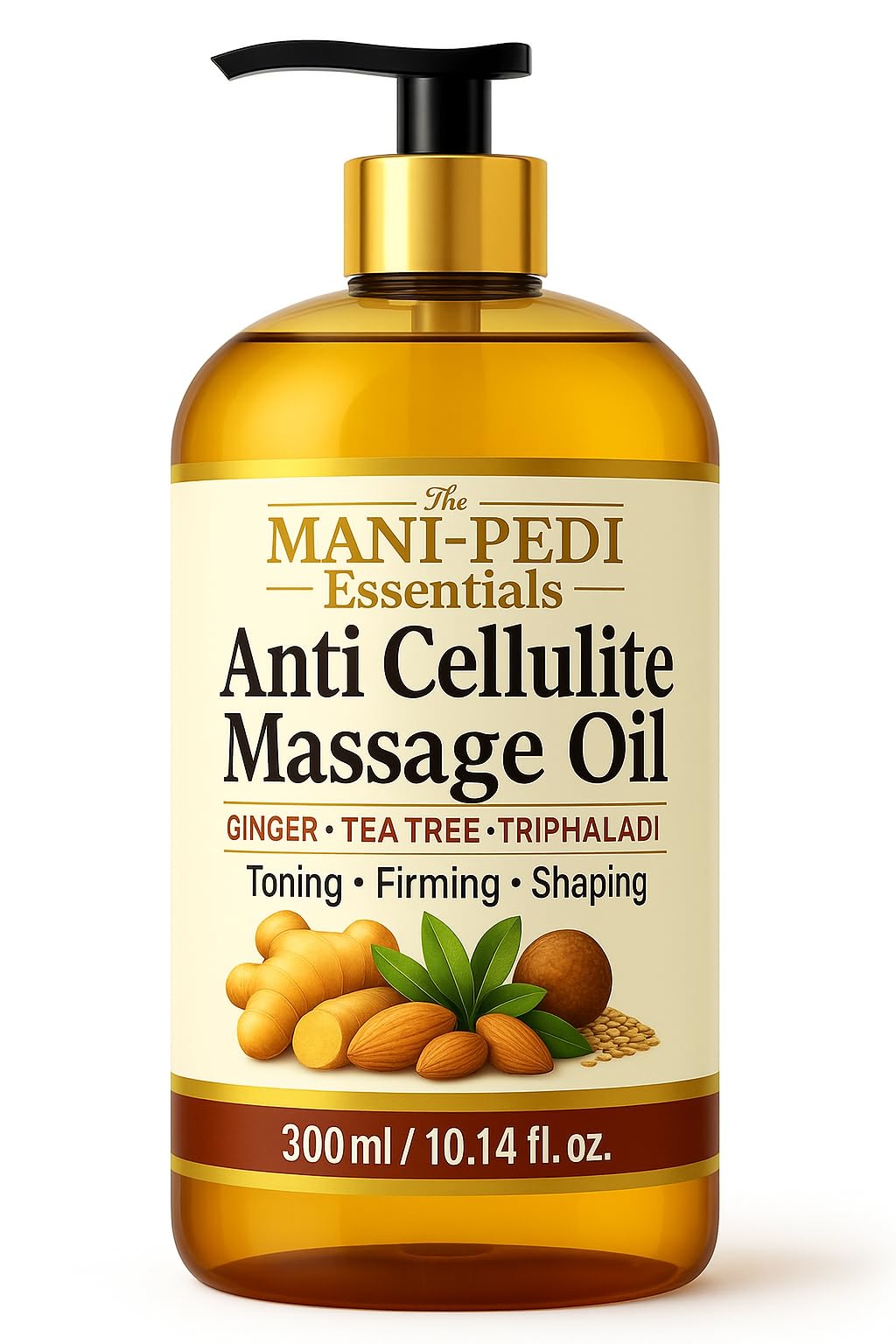 Anti Cellulite Massage Oil with Ginger Oil, Tea-Tree Oil & Natural Herbs for Toning, Firming & Shaping. 100% Natural Ingredients, Non-Sticky Texture - 10 Fl Oz