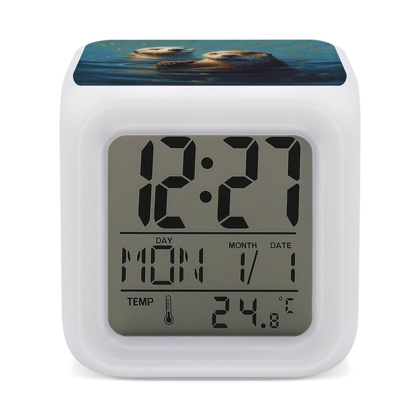 VstaDank Sea Otters Painting Digital Alarm Clock LED Display Screen Color Change Alarms Clock Smart Alarm Clock Wake Up Digital Clocks with 7 Color Nightlight for Bedroom