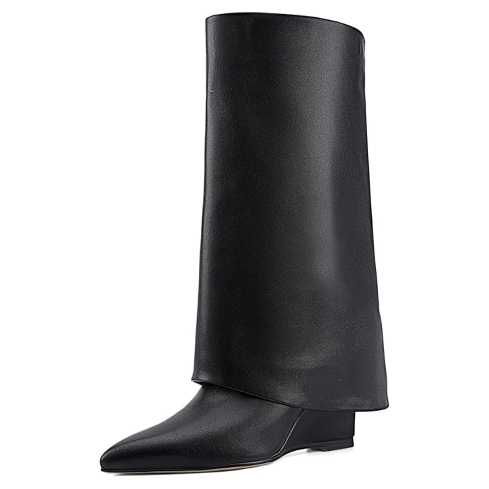 Vintage Fold Over Knee High Boots for Women Wedge Heel Slouchy Pull-On Booties Pointed Toe Dress High Boots