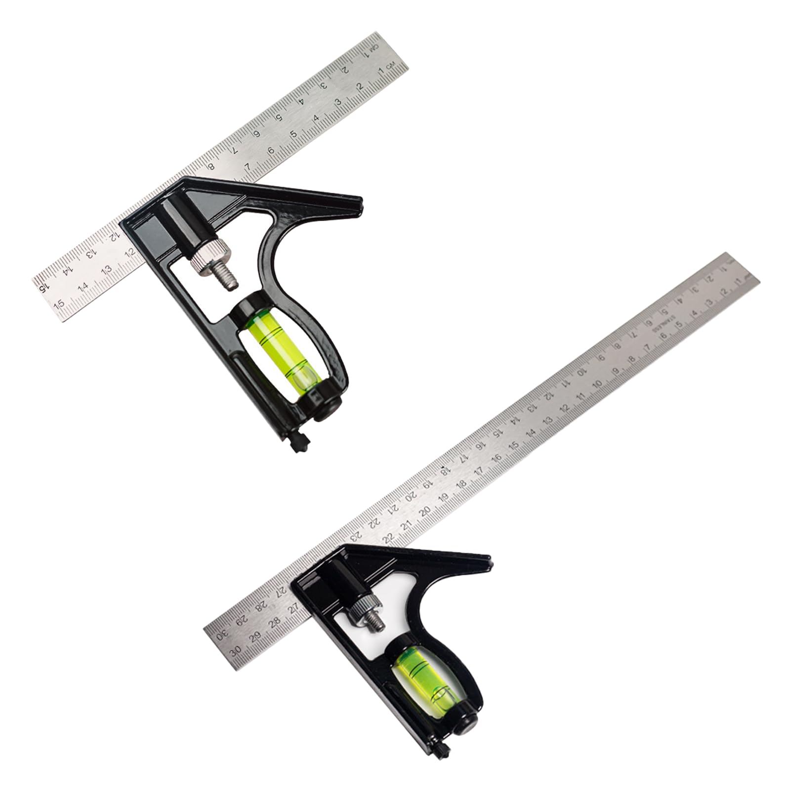 Lechisenop Silver Combination Square 2Pcs Set Square Carpentry Metal Set 150/300Mm Adjustable Combination Try Square Tool 45/90 Degree With Bubble Level Marking Needle Measuring Tool For Woodworking Engineer Carpenter