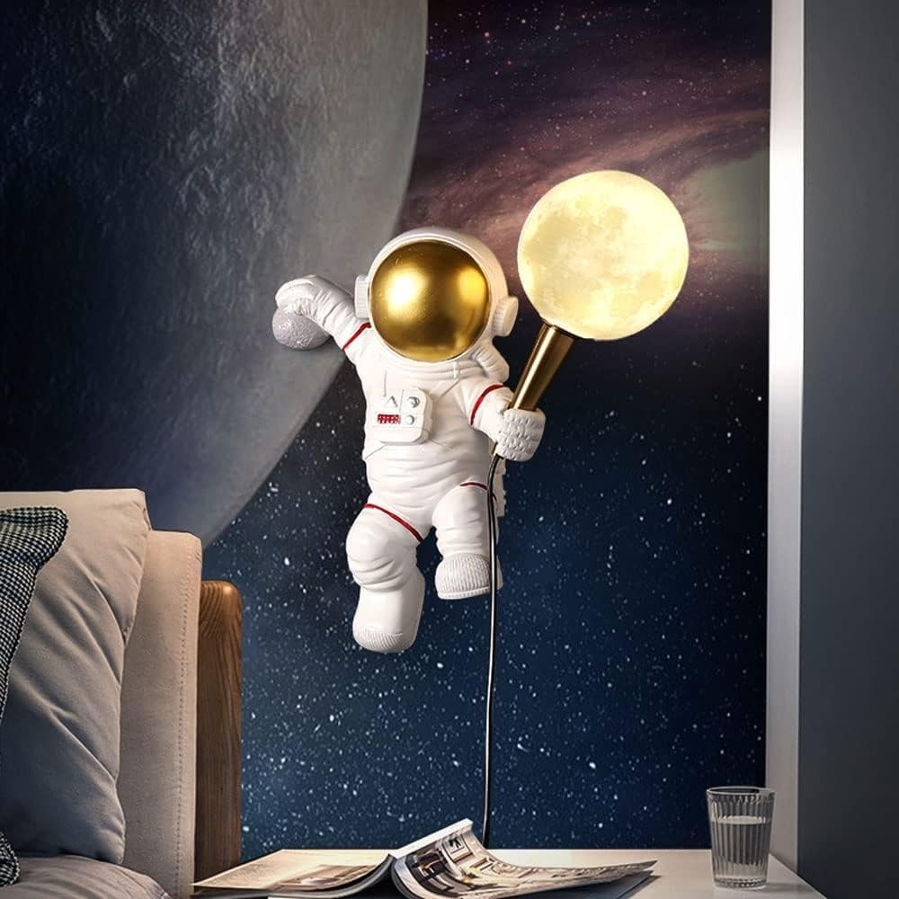 Astronaut Wall Sconce modern cartoon children's moon wall lamp 3D moon shape acrylic lampshade LED bedside wall light night light dimmable suitable for boys and girls bedroom corridor aisle(2PC-Right)