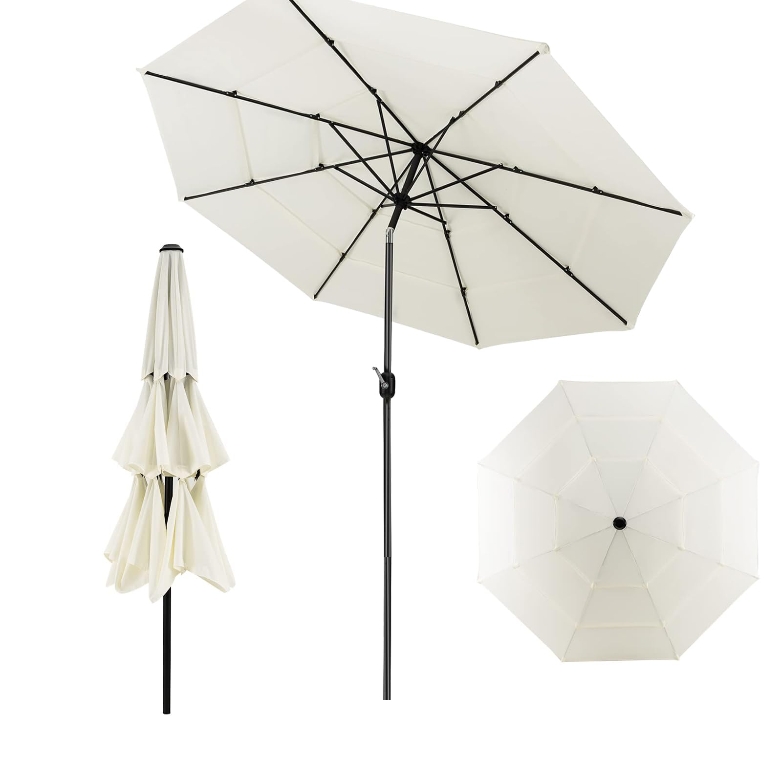 GOPLUS Sombrilla de jardín plegable de 45° con 3 niveles de 300 cm y manivela, sombrilla impermeable para terraza con revestimiento de PA y protección solar para jardín, terraza, patio