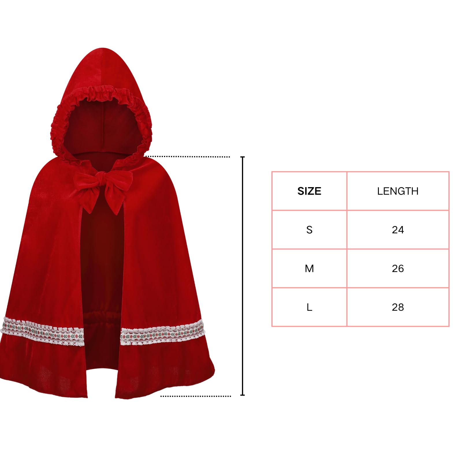 RRCBMD Little Red Riding Hood Cape Velvet Cloak for Halloween Christmas Cosplay Party Woven lace-red-M-25.59 inch - Image 3