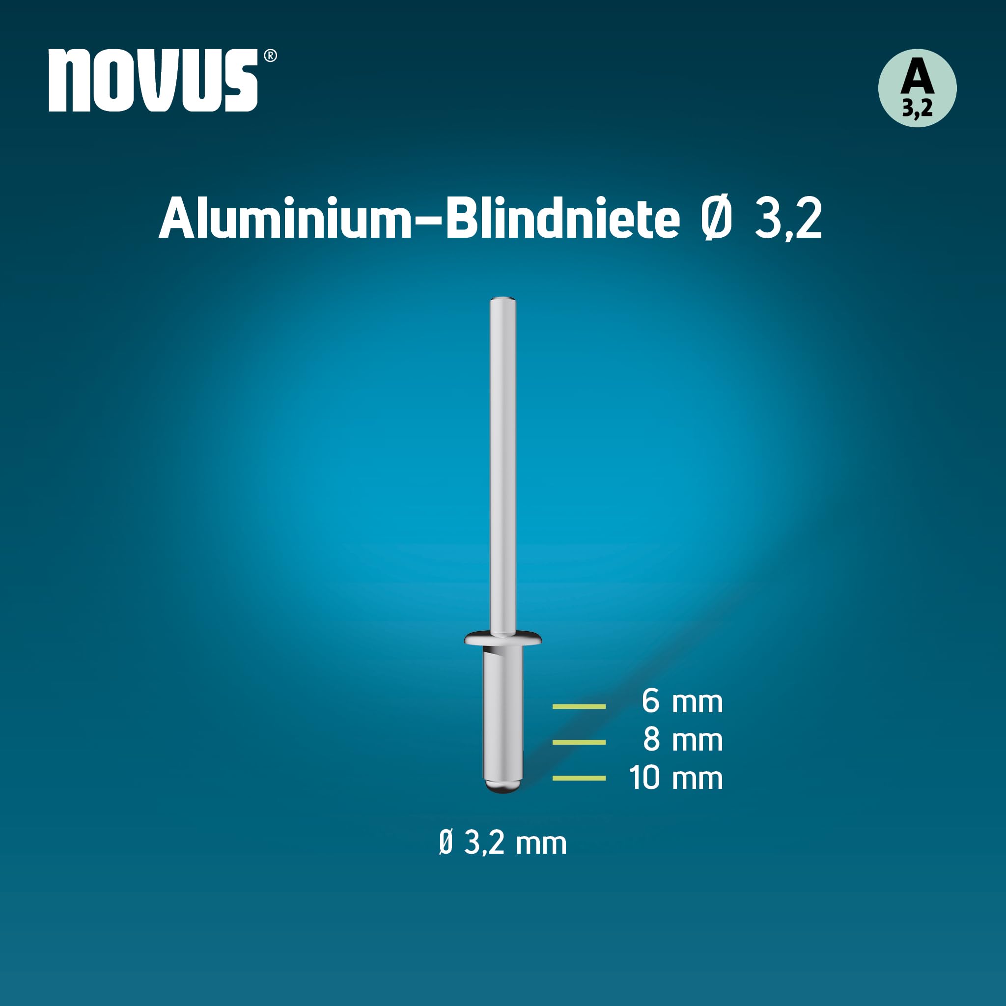 Novus Tools Aluminiowe nity zrywalne Ø 3,2 mm, długość 6 mm, 30 nitów, długość zacisku 1,5-3,5 mm, idealne do mocowania metali nieżelaznych, tworzyw sztucznych, skóry i materiałów
