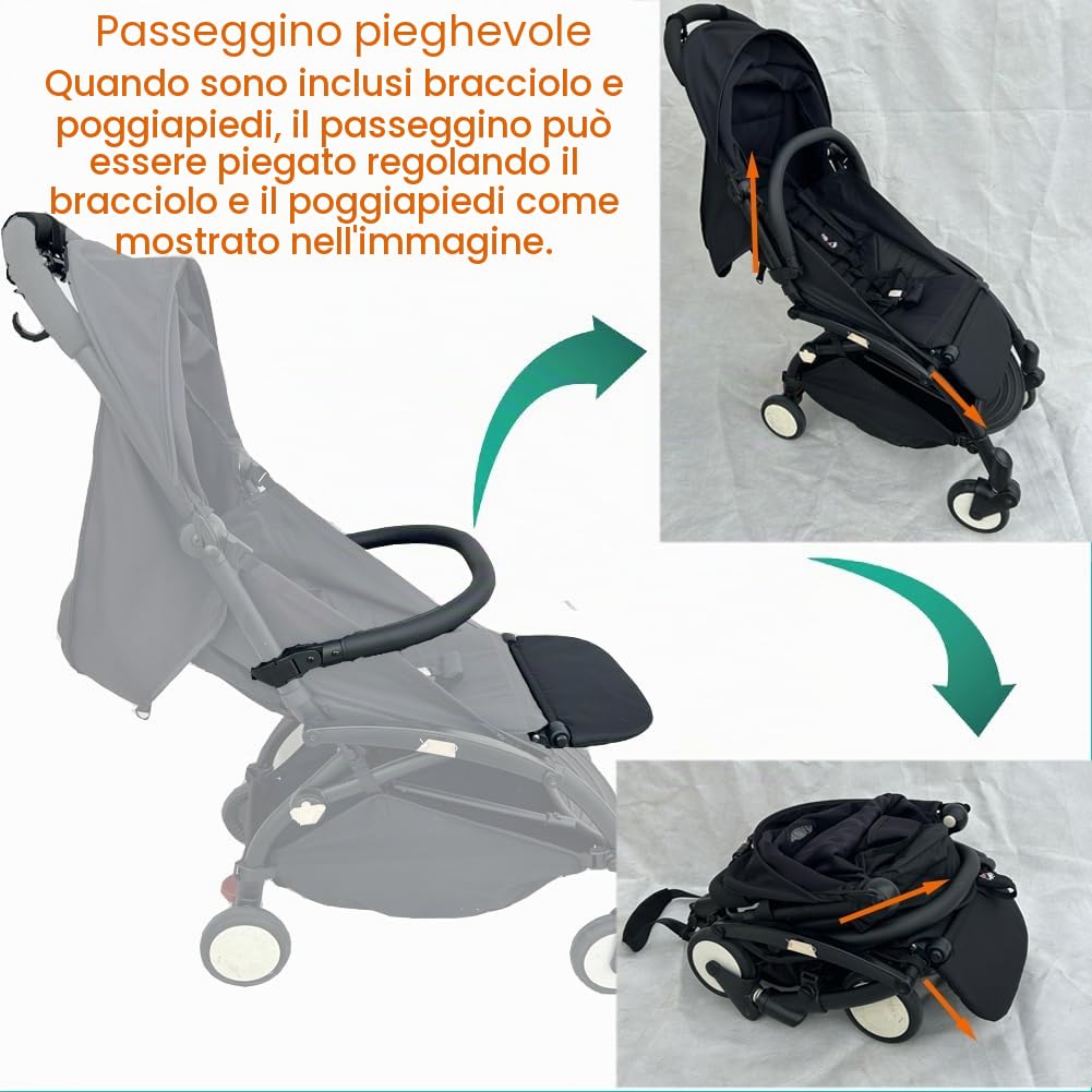 3 pezzi/set di accessori passeggino PU bracciolo in pelle, poggiapiedi e ganci compatibili con passeggini Babyzen YOYO 2 e YOYO+ (nero)