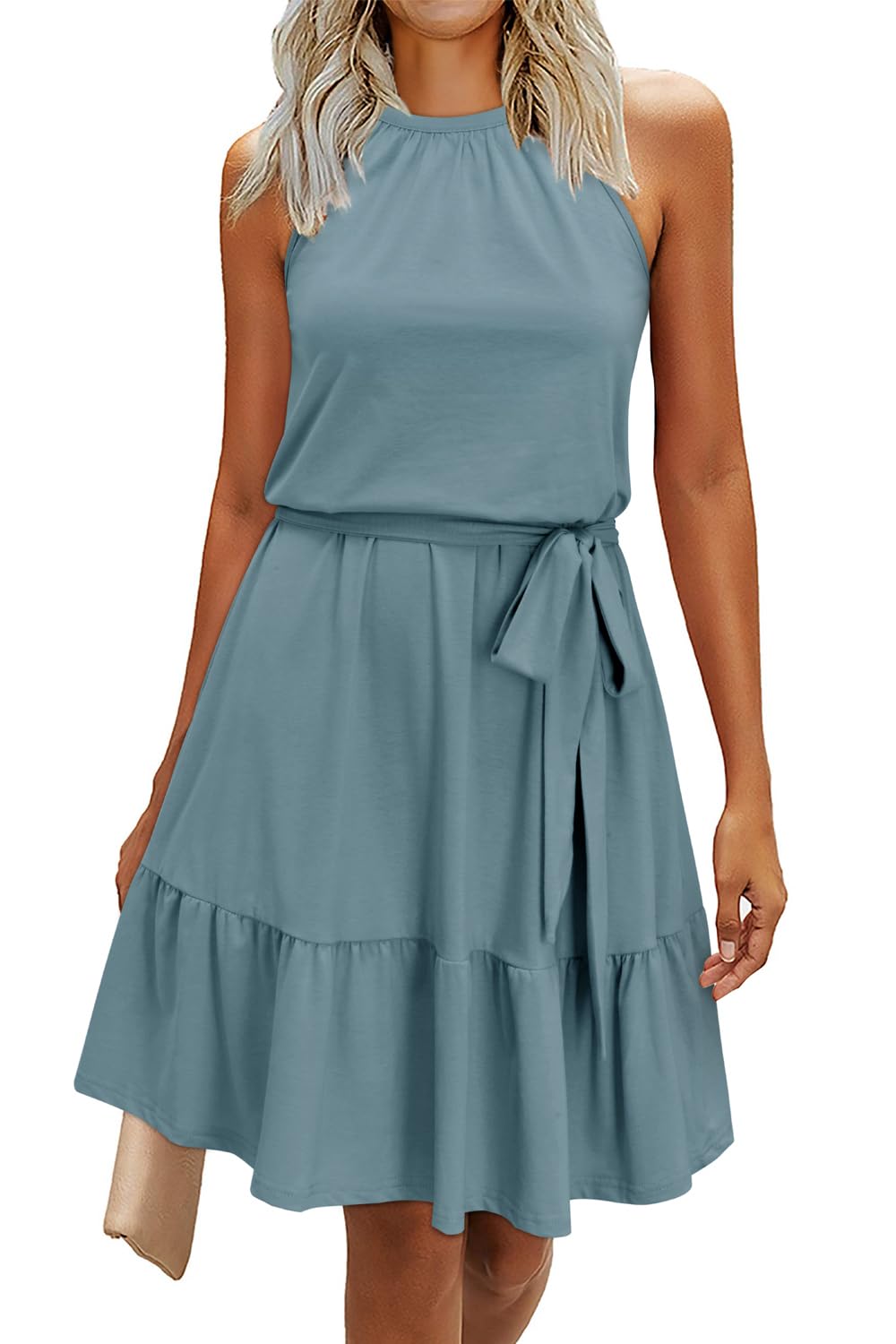 Newshows Sommerkleider Damen Knielang Elegant Kleid Blumenmuster Neckholder Rüschen Freizeitkleider mit Taschen