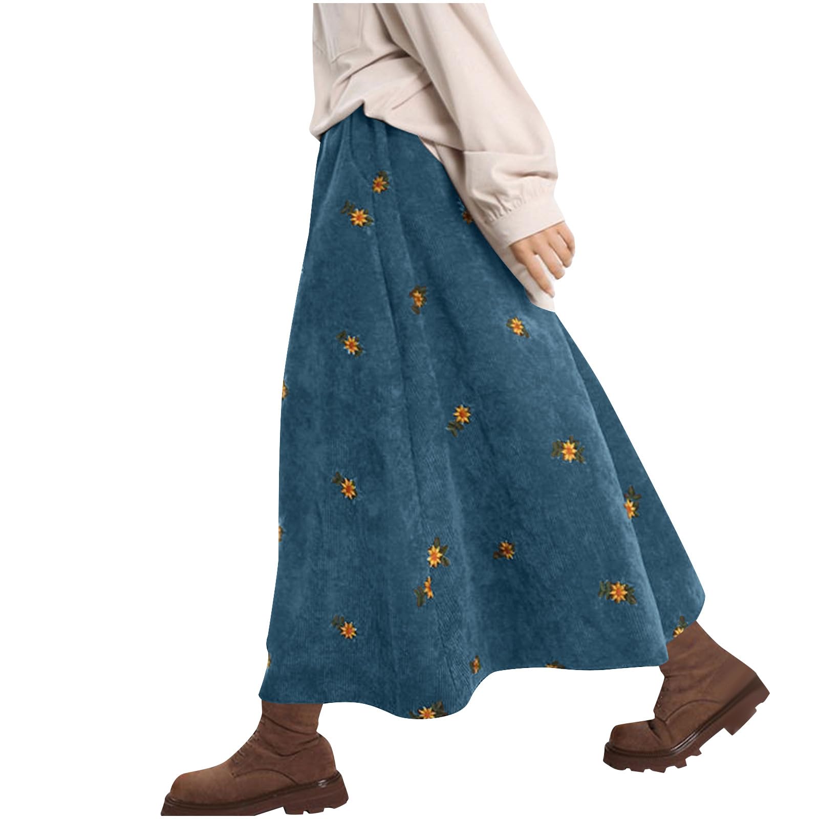 Corduroy Skirts for Women High Waisted Trendy Fall Elastic Waist Casual Floral Print Midi Skirts with Pockets