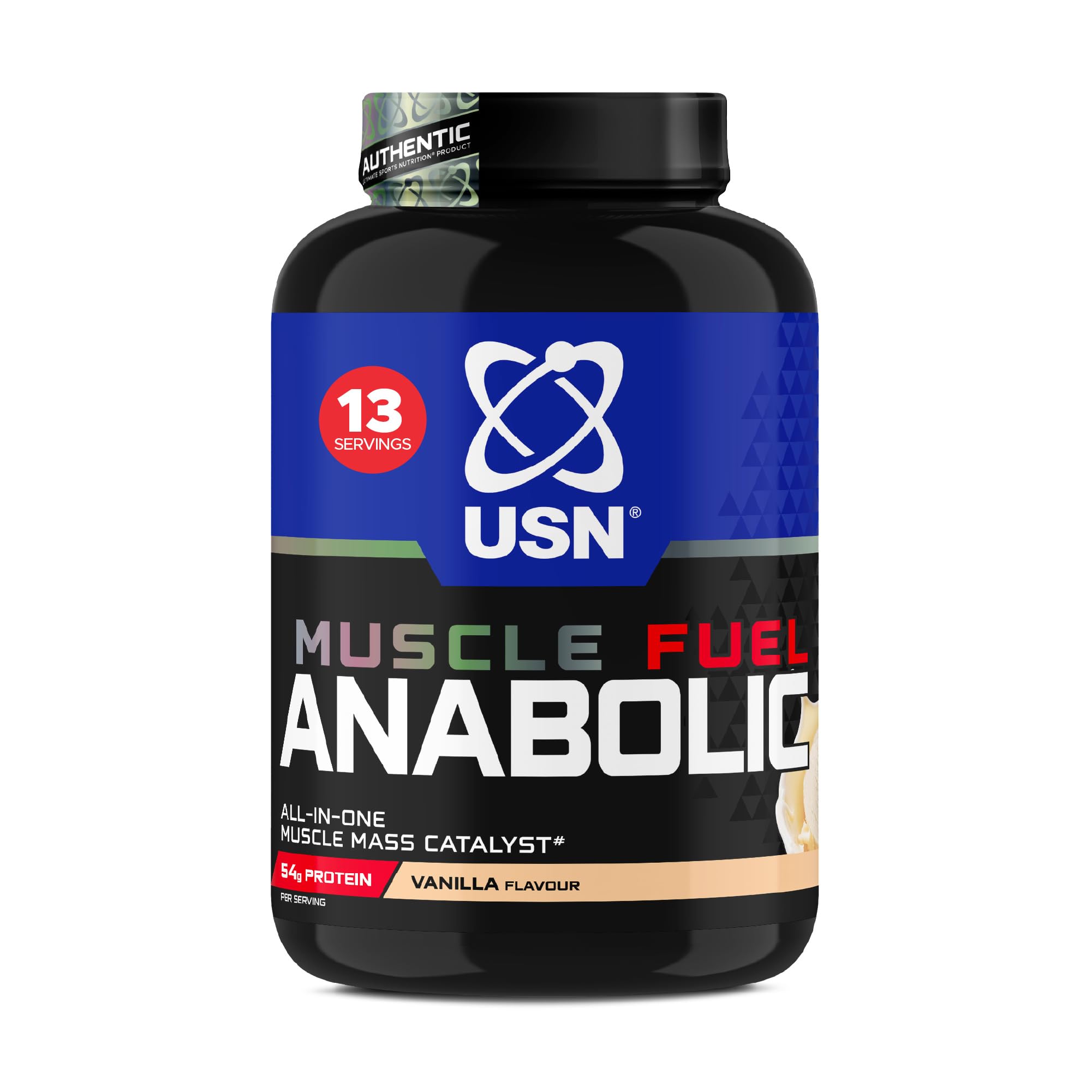USN Muscle Fuel Anabolic All-In-One Muscle Mass Gainer, Vanilla Flavour - 2kg, Anabolic Creatine Amino BCAA Powder, 54g Protein Powder, 5g Creatine Powder, Muscle Growth Post Workout Energy Drink Mix