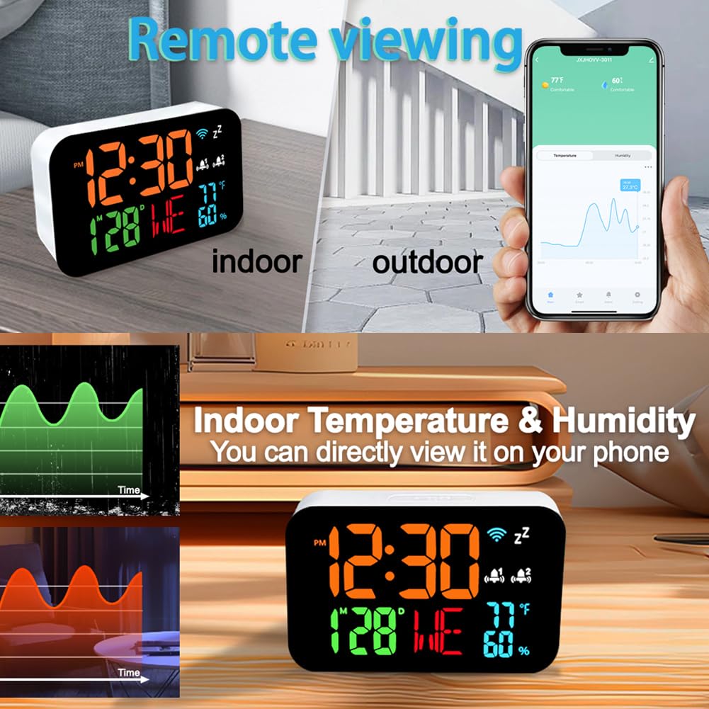 Hanzete Tuya Orologio da tavolo WiFi Calendario Termometro Igrometro intelligente con display digitale a LED Supporto WIFI Auto-Calibrazione/Luminosità regolabile a 4 livelli/APP Visualizzazione
