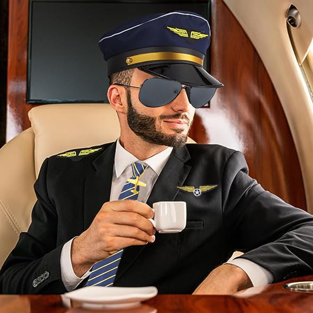 PIUMOJ Pilot Captain Costume Kit for Dress Up - Airline Pilot Accessories Set including Hat, Tie, Badge, Sunglasses, Necklace - Image 3