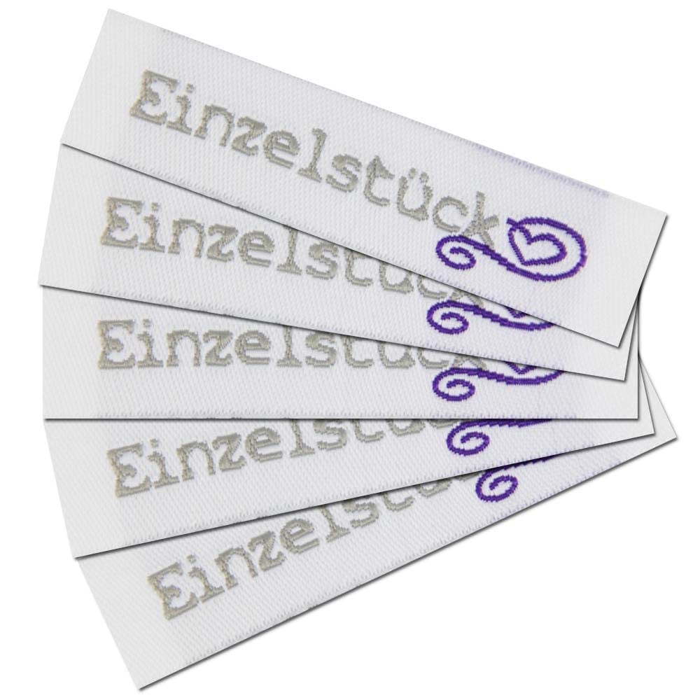 Etichette in tessuto "Unico", piccole quantità 200 pezzi/34,00 €, combinazioni di colore bianco – grigio/viola